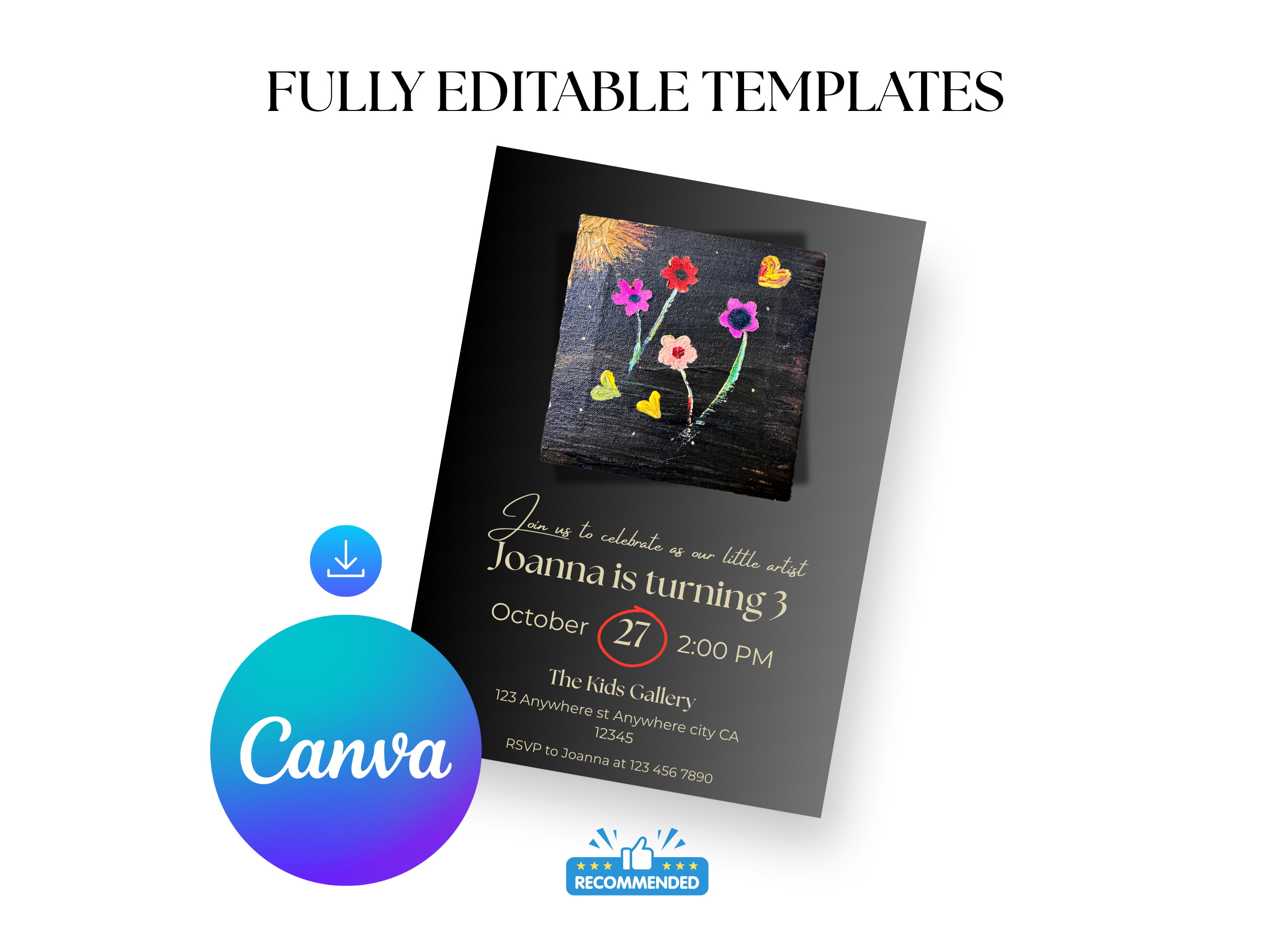 Invitation card with colorful flowers and text, featuring the Canva logo.