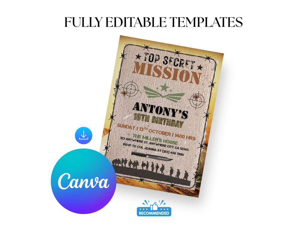 Birthday invitation card with 'Top Secret Mission' theme and Canva logo.