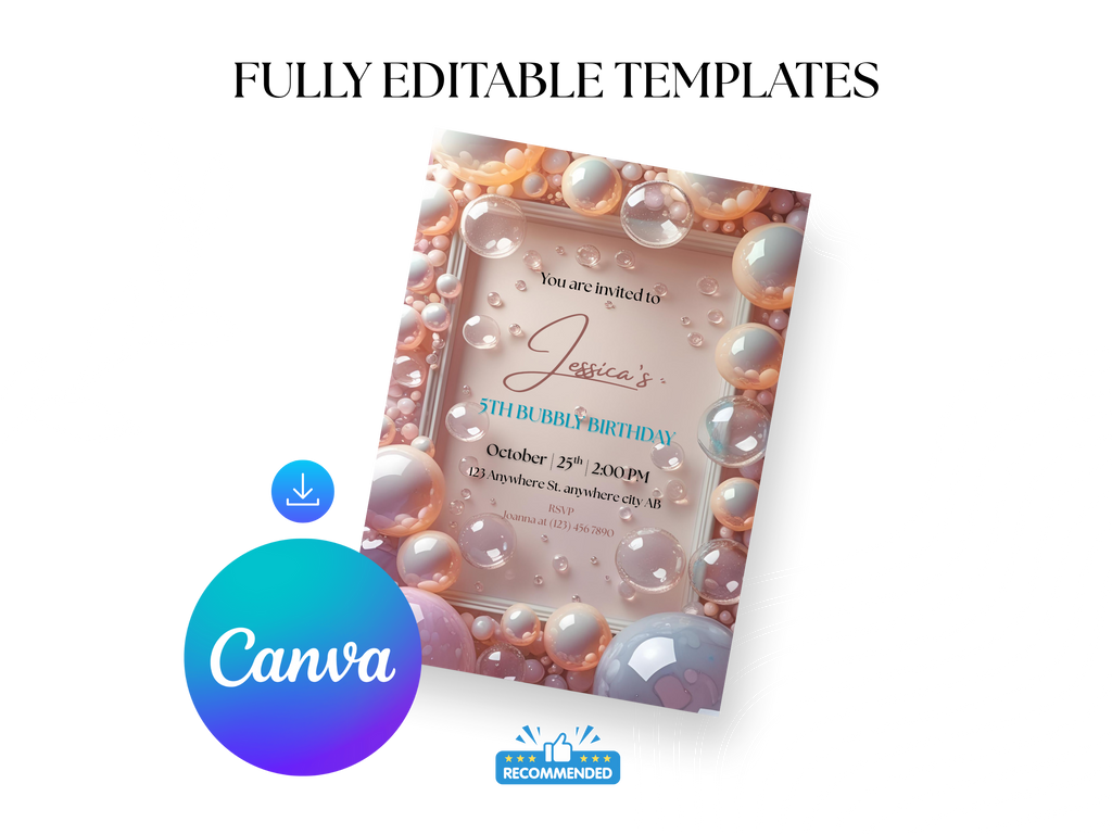Invitation card with pearl design and Canva logo on a white background