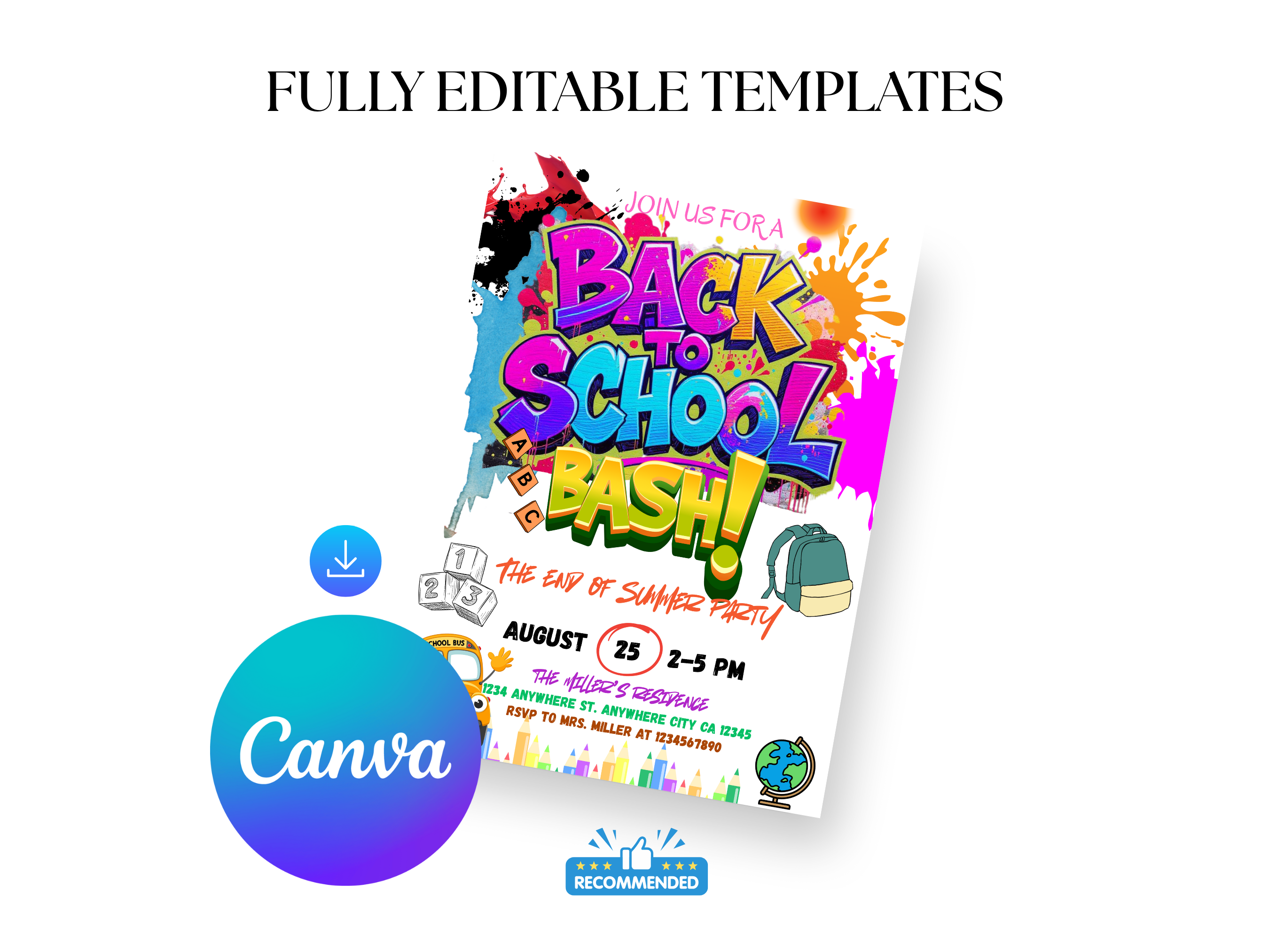 Back to School Bash Invitation | Colorful Editable Party Canva Template | Digital Download