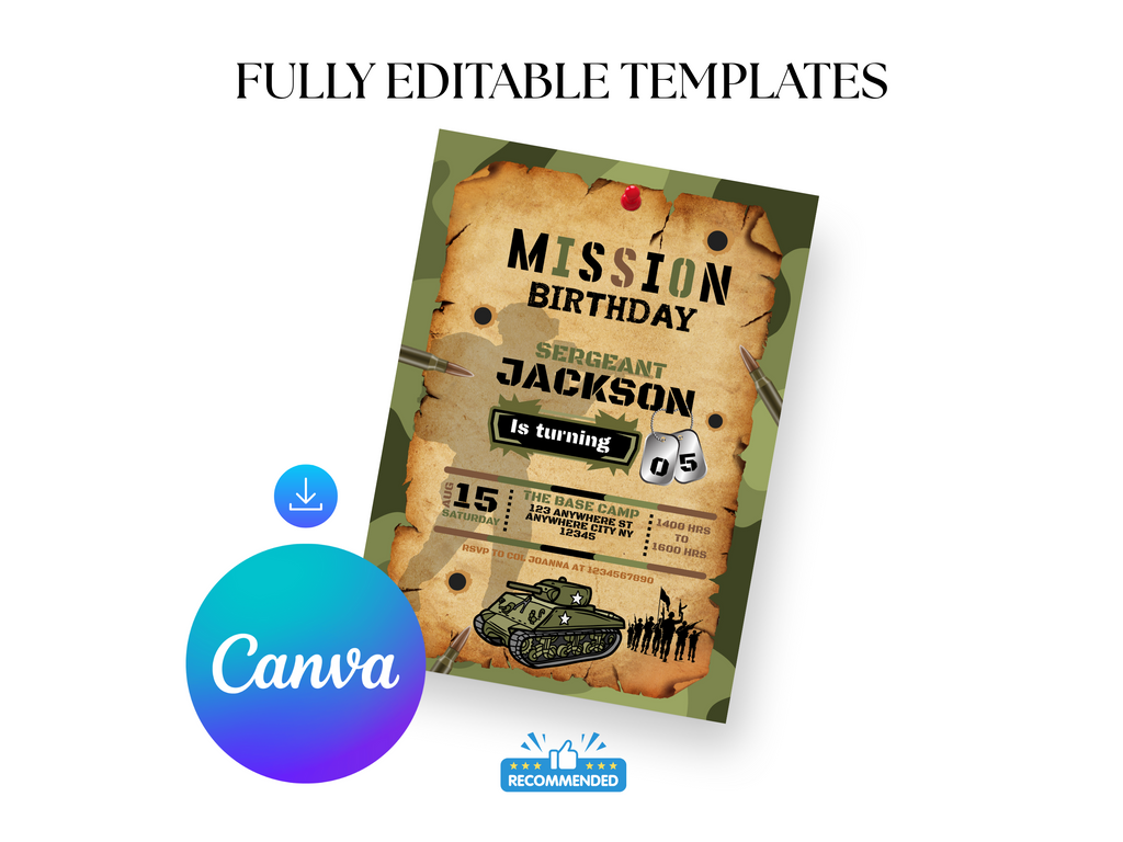 Birthday invitation template with military theme and Canva logo