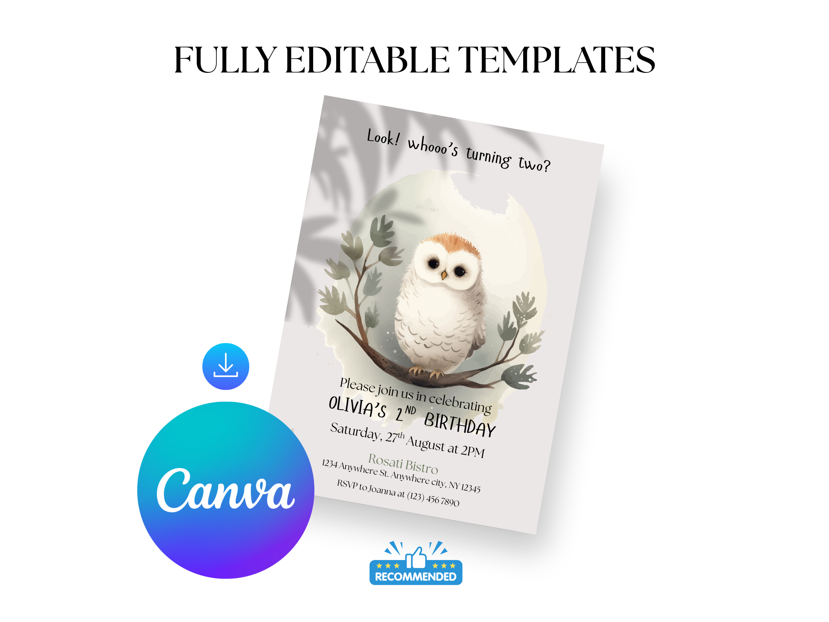 Birthday invitation card with owl design and Canva logo on a white background