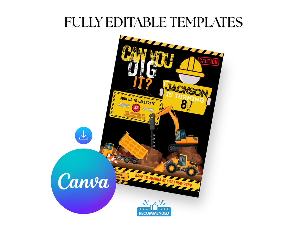 Construction-themed birthday invitation card with 'Canva' logo and text 'Fully Editable Templates'.