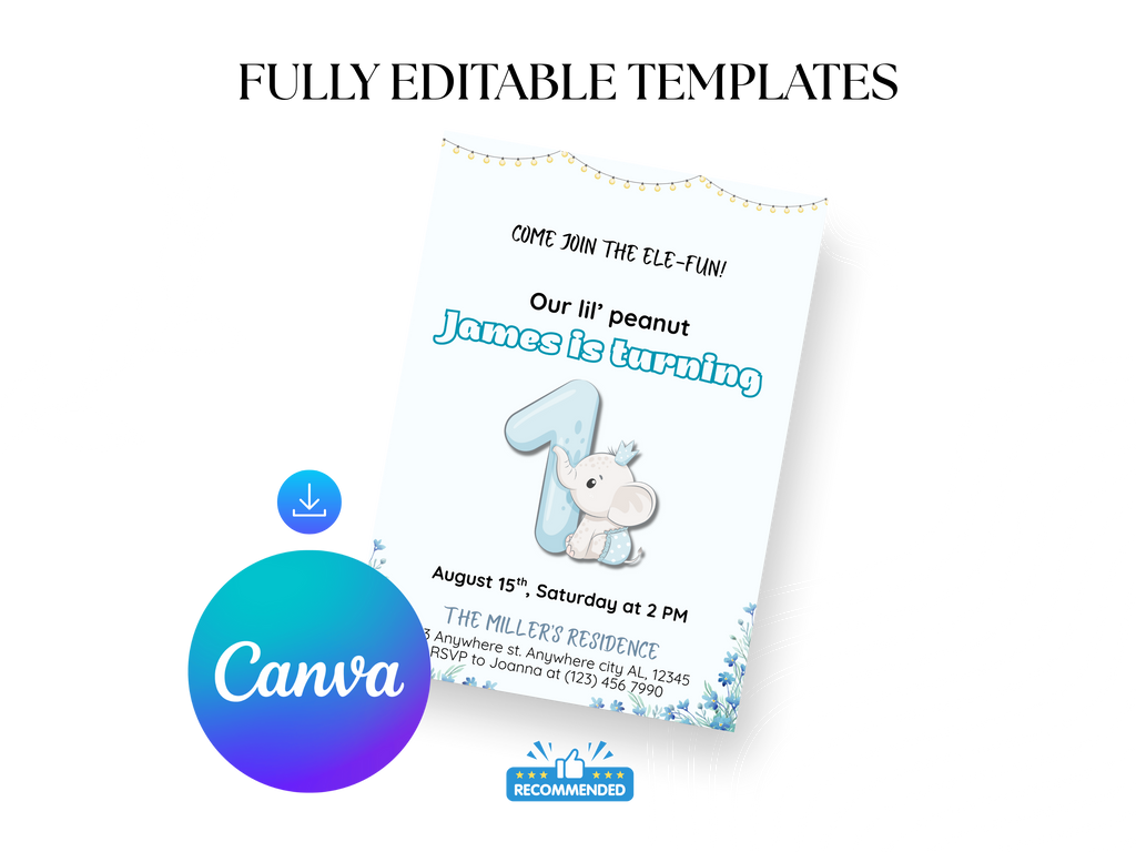 Birthday invitation card with baby shower theme and Canva logo.
