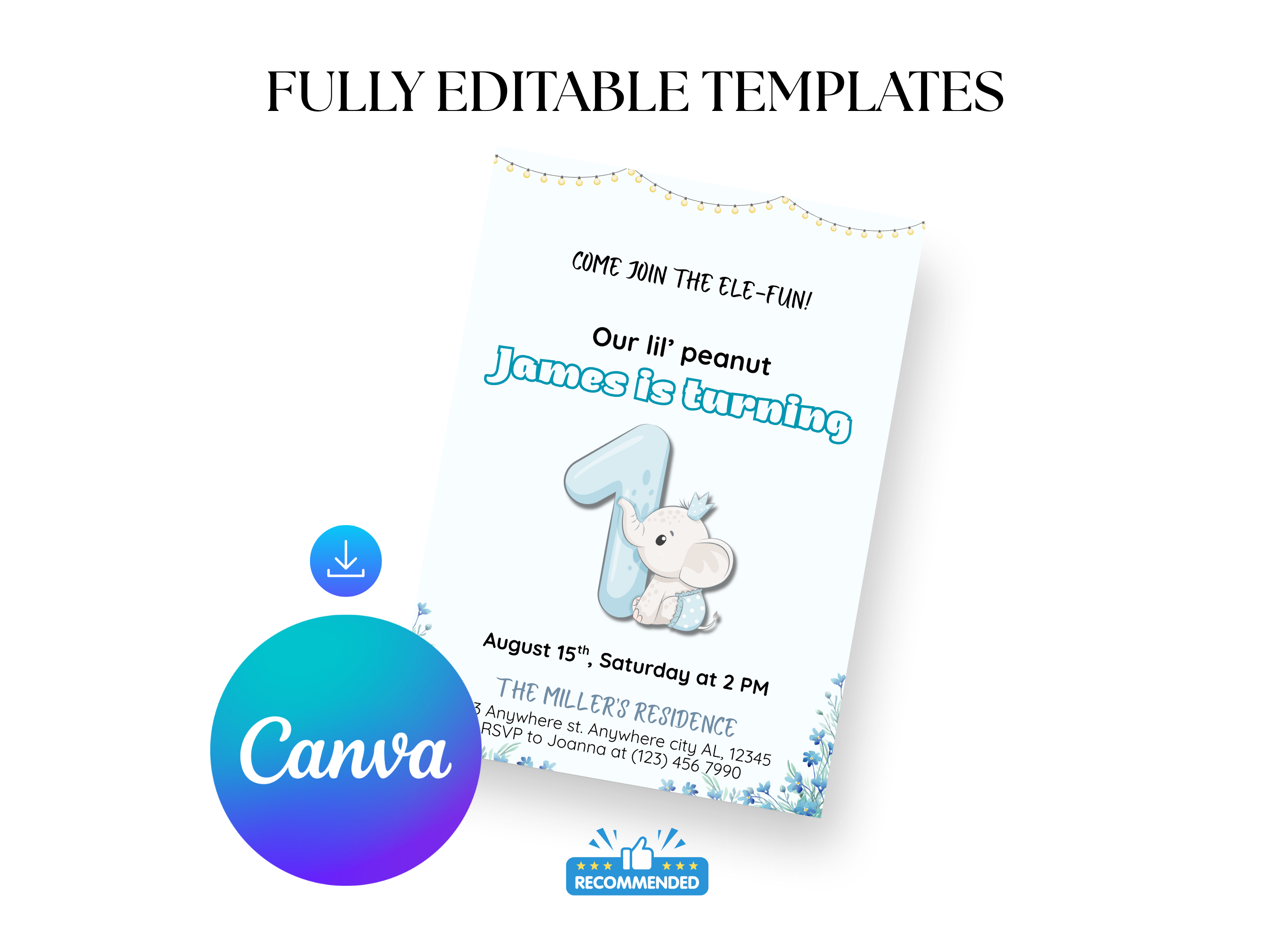 Birthday invitation card with baby shower theme and Canva logo.