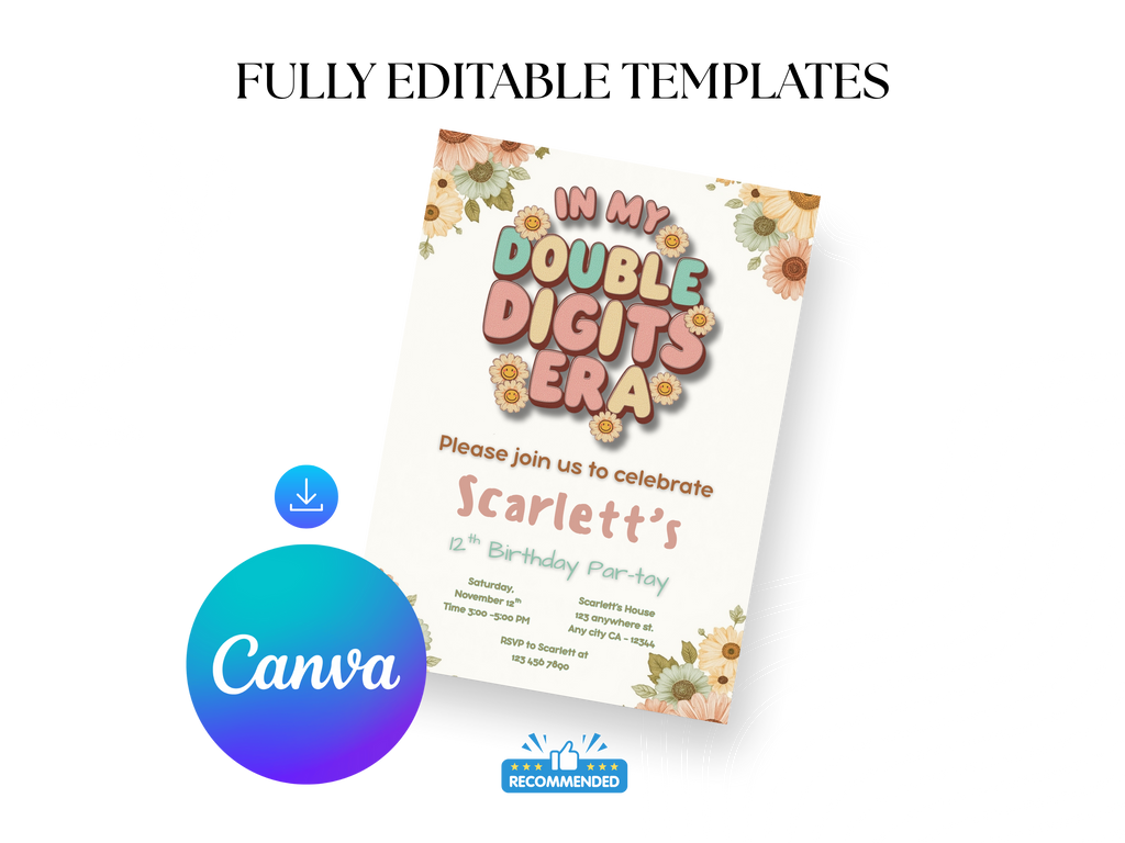 Birthday party invitation card with 'Canva' logo and text 'Fully Editable Templates'.