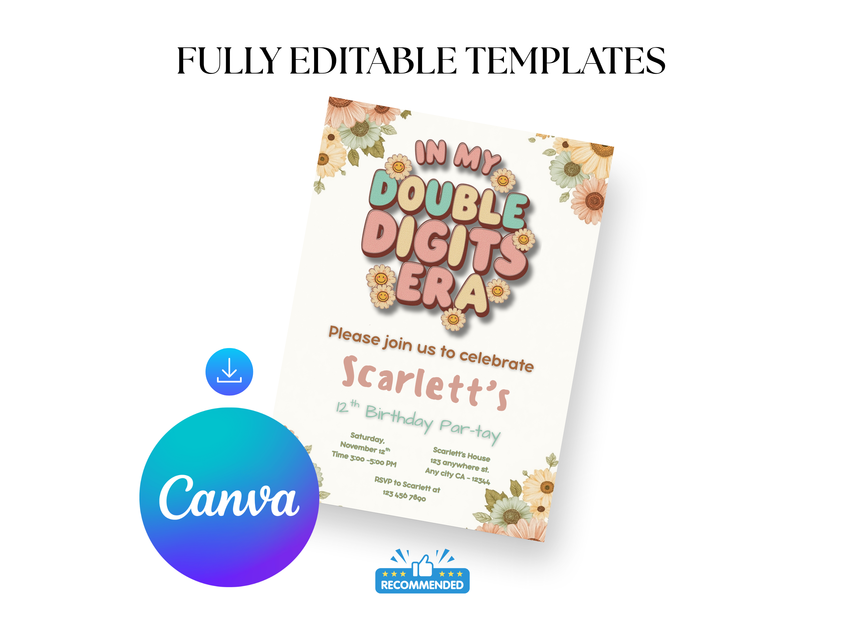 Birthday party invitation card with 'Canva' logo and text 'Fully Editable Templates'.