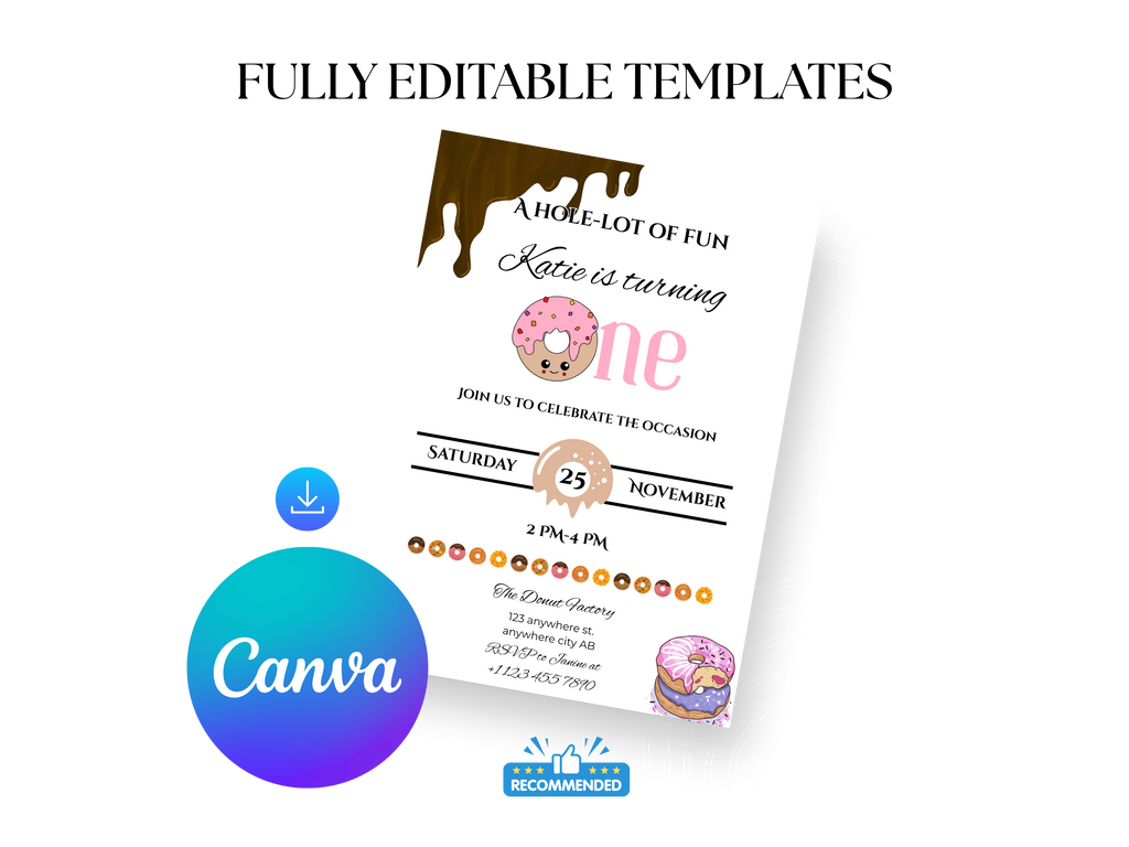 Invitation card with donut theme and Canva logo on a white background