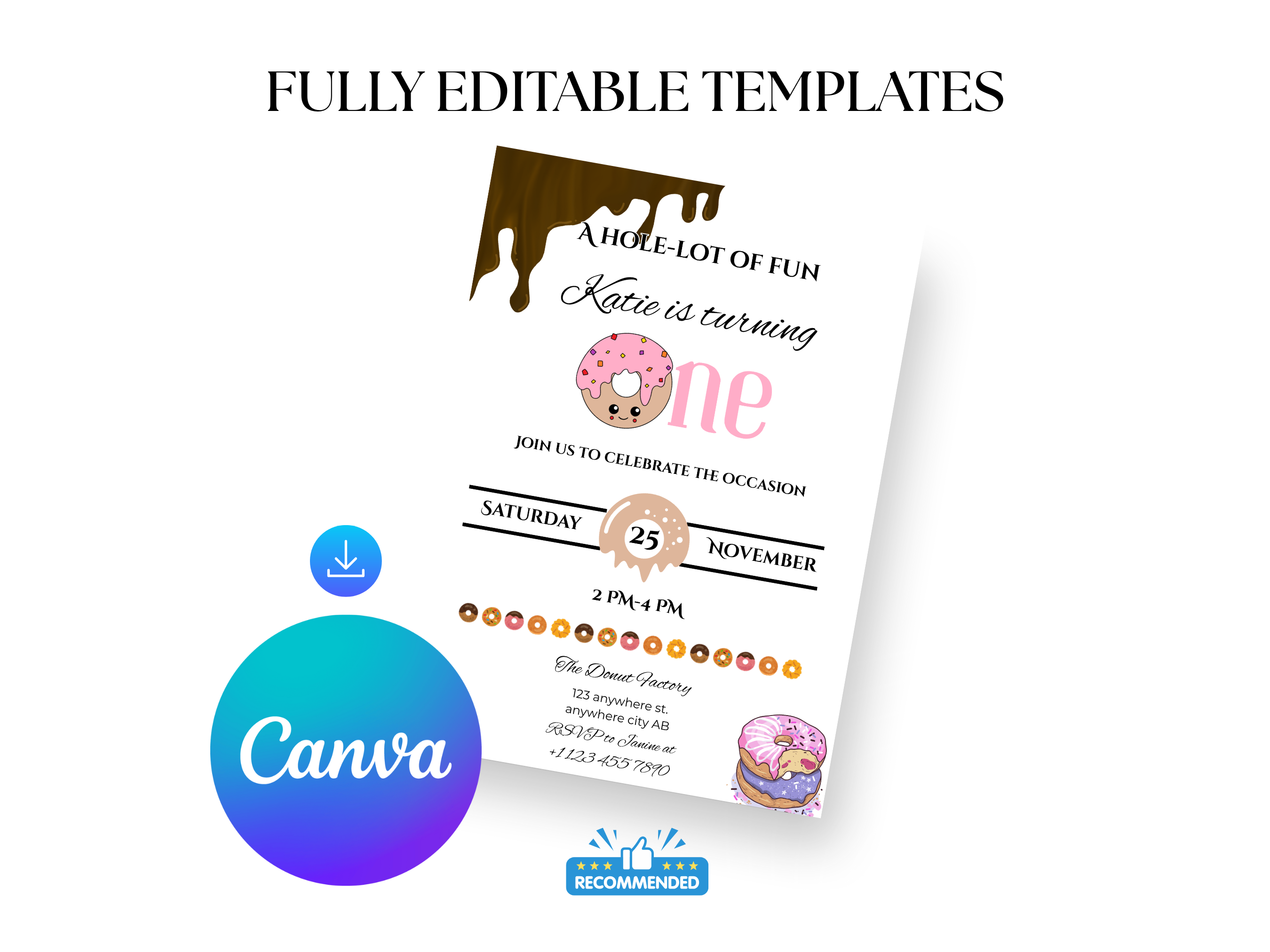 Invitation card with donut theme and Canva logo on a white background