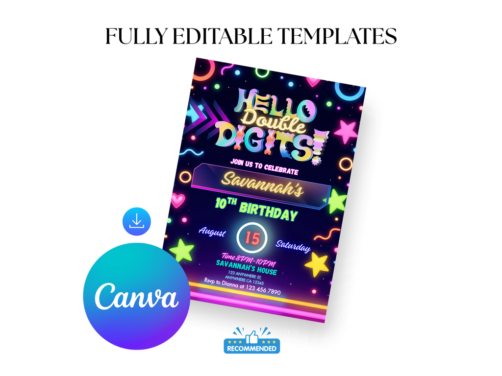 Colorful birthday invitation card with text and Canva logo on a white background