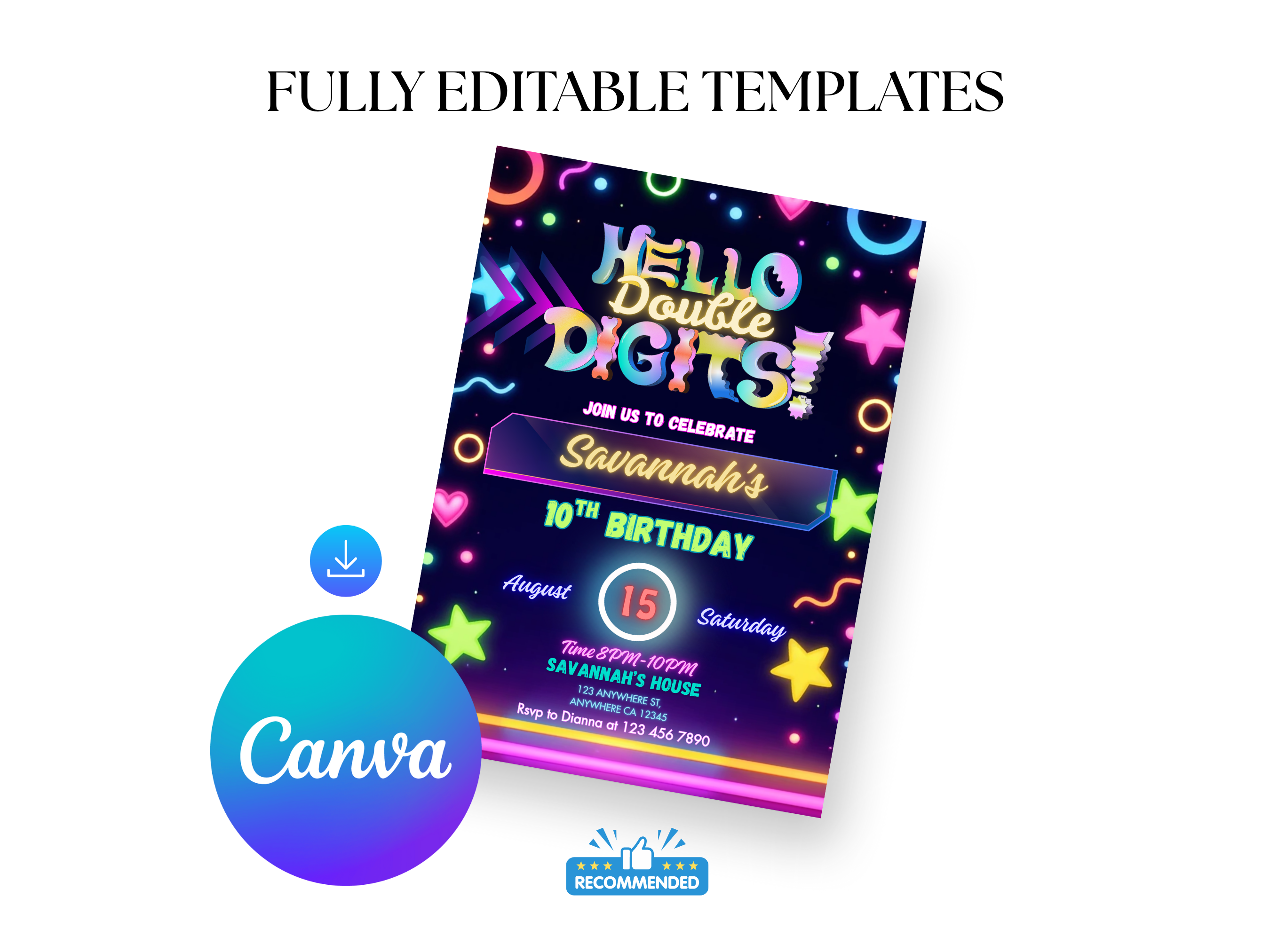 Colorful birthday invitation card with text and Canva logo on a white background