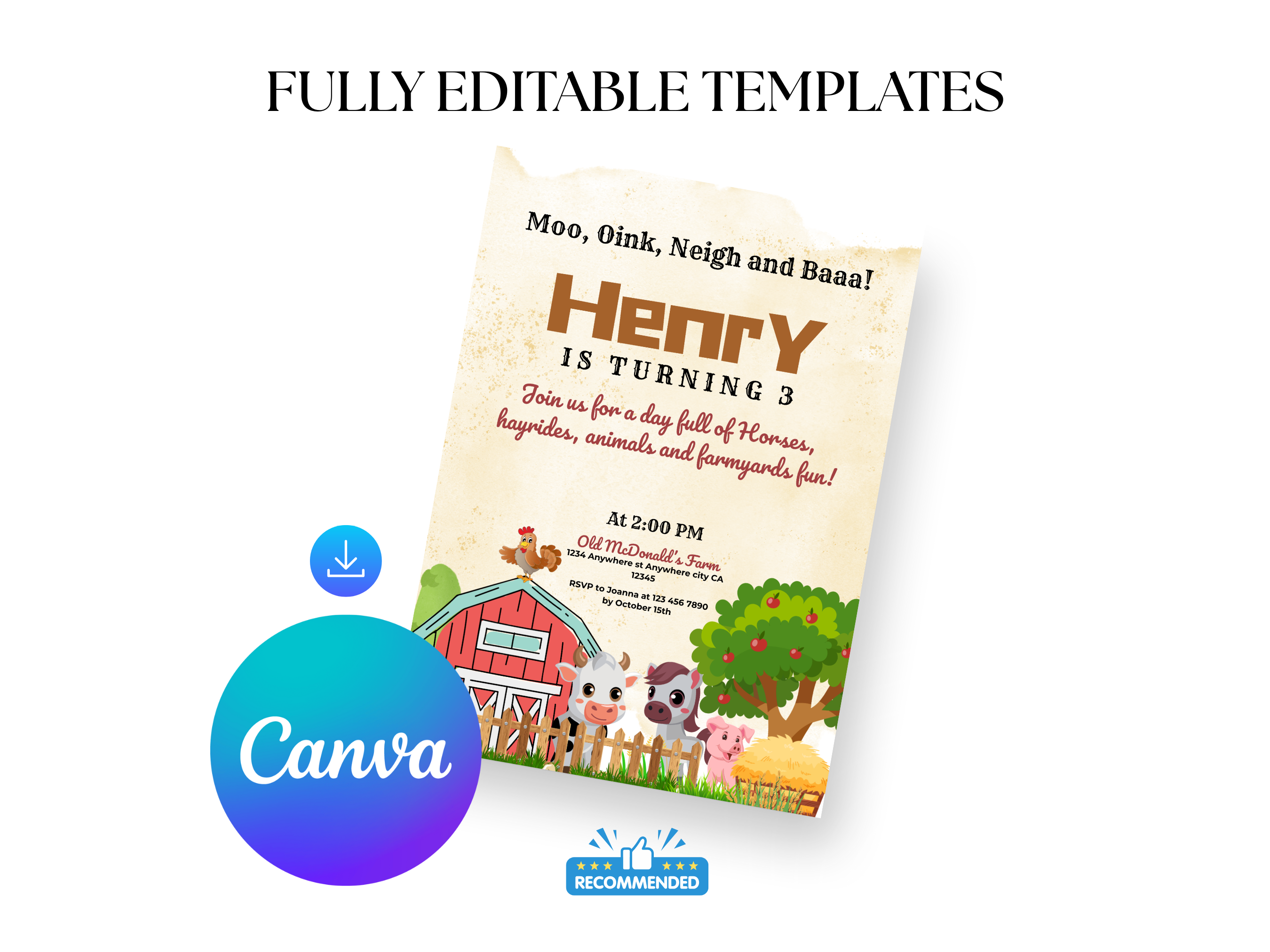 Farm-themed birthday invitation with 'Canva' logo and text about fully editable templates.