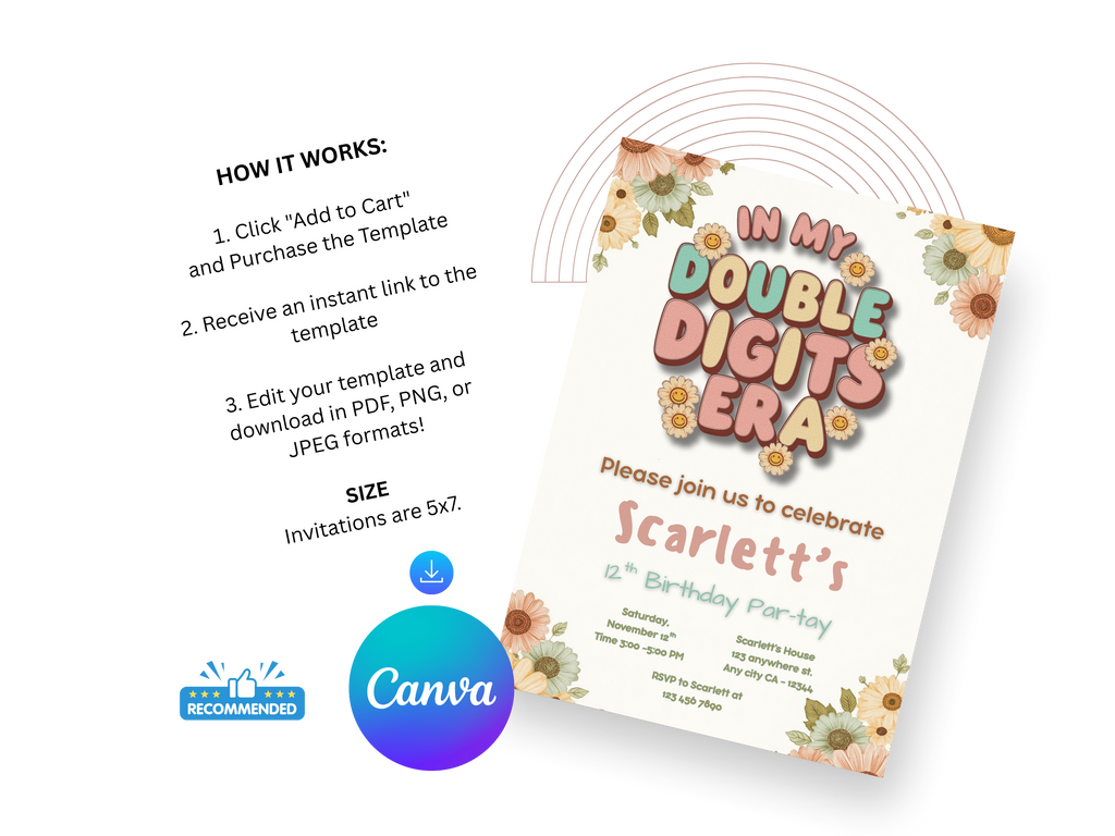 Children's birthday invitation with rainbow design and Canva branding
