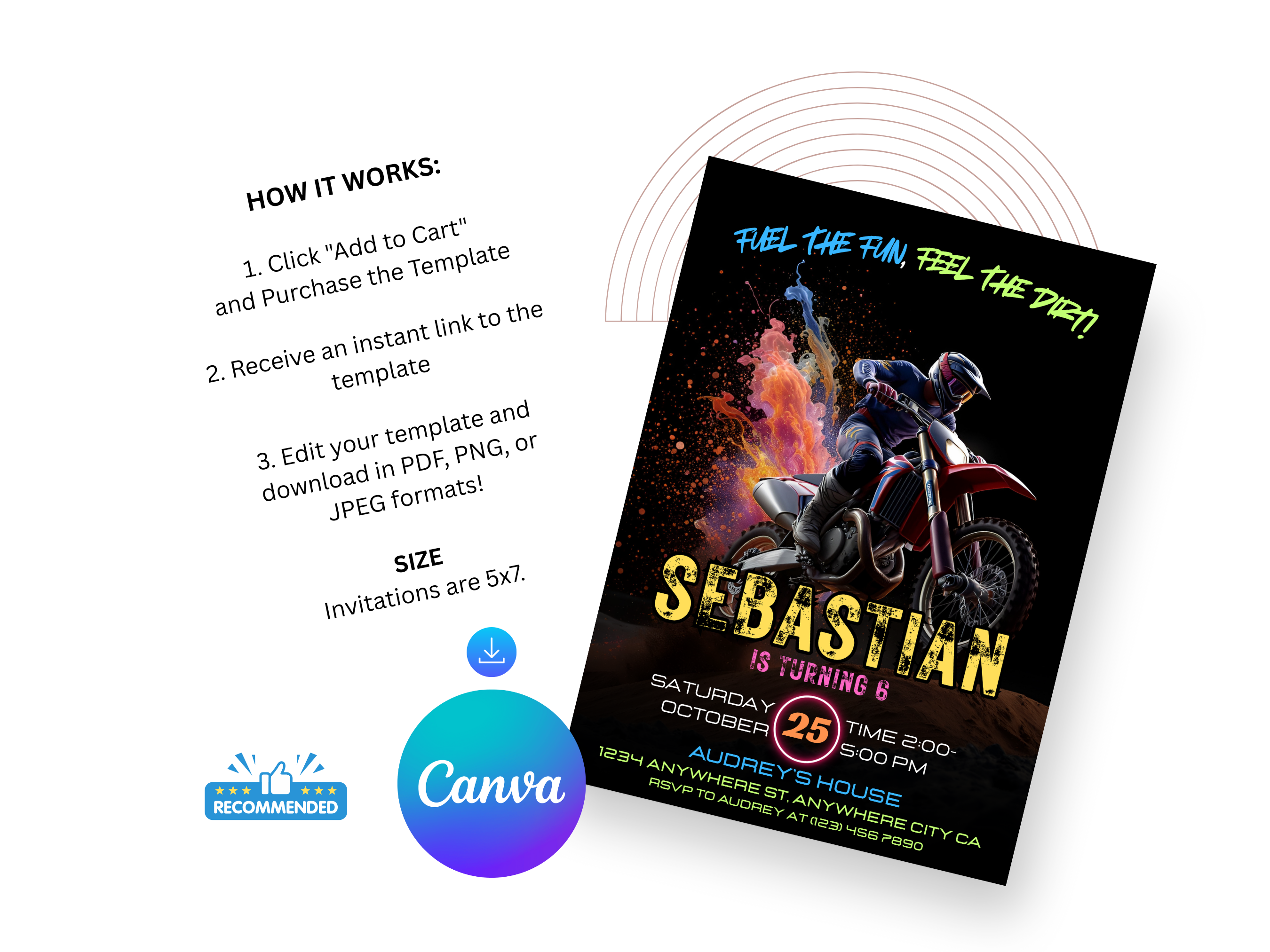 Birthday invitation card with motorcycle graphic and Canva branding