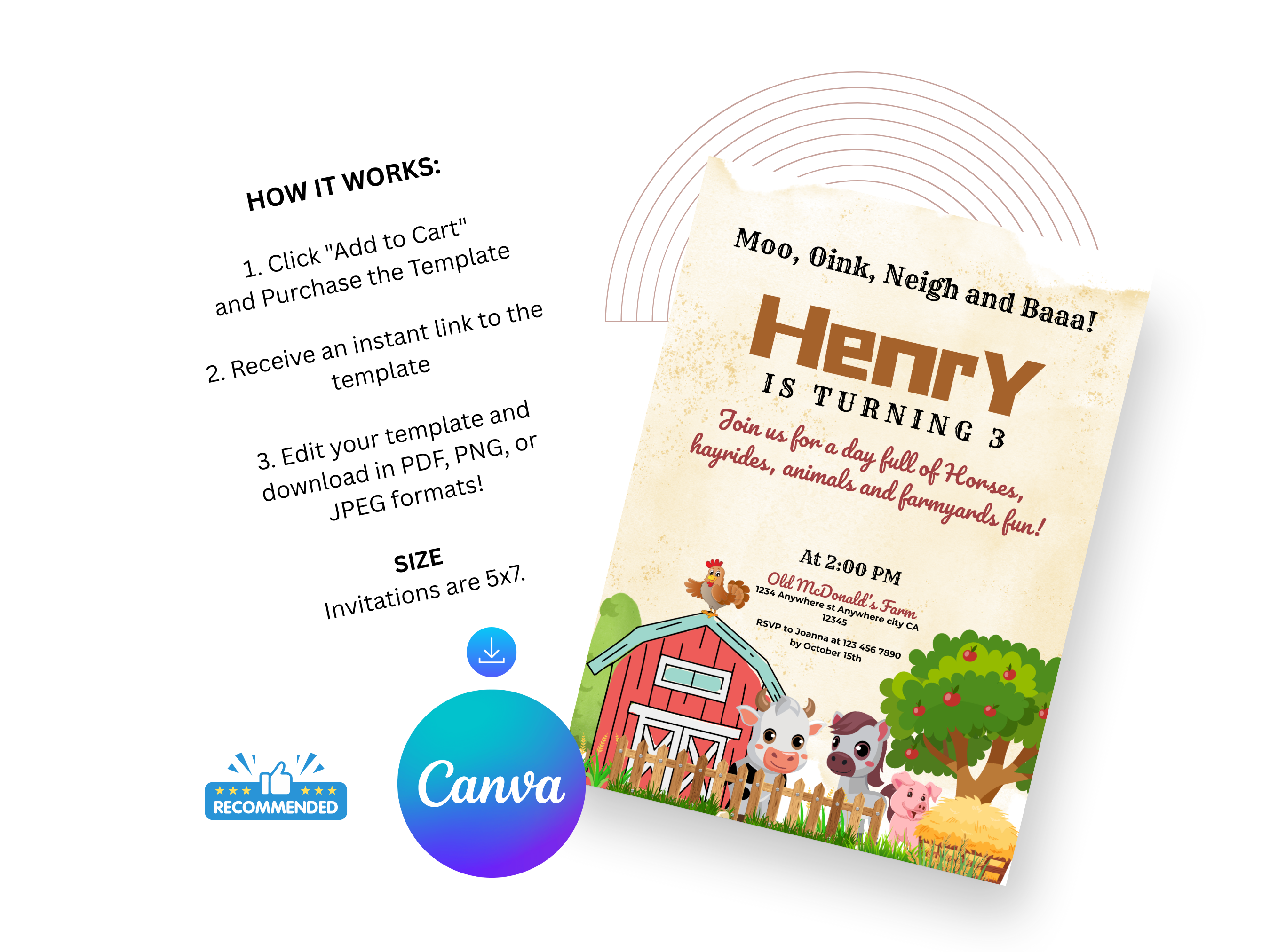 Children's birthday invitation with farm theme and Canva branding