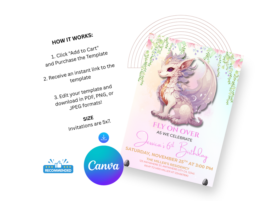 Dragon-themed birthday invitation with Canva branding on a white background
