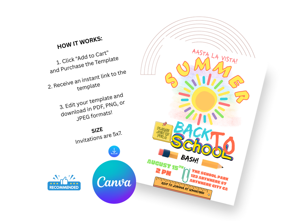 Back to School Bash Invitation | Colorful Editable Canva Party Template | Digital Download