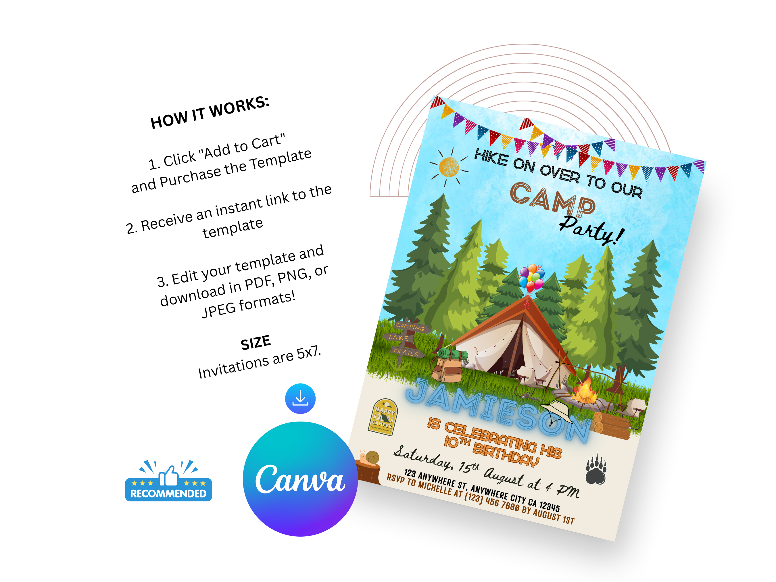 Camp party invitation with trees, tent, and birthday details on a white background
