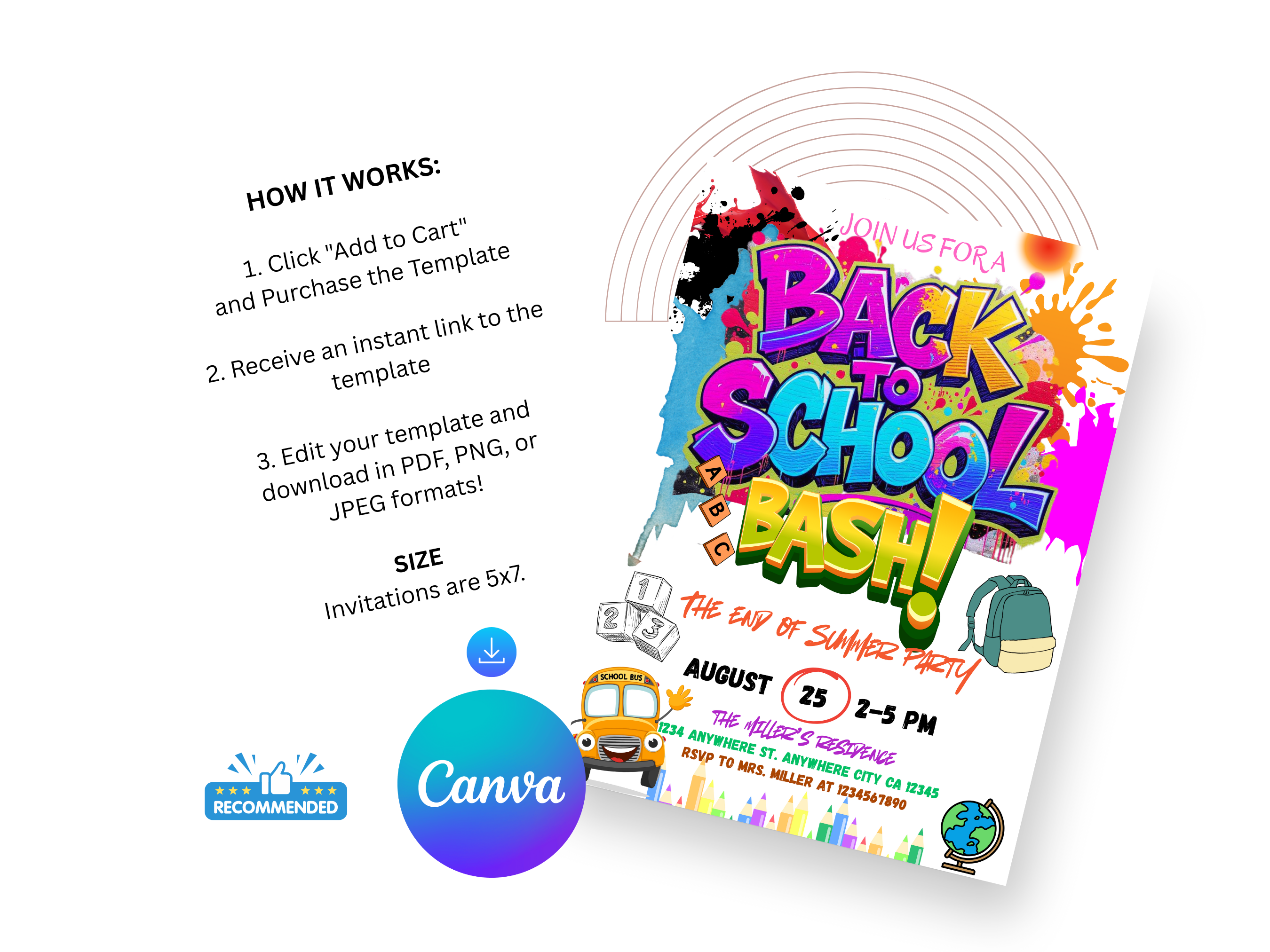 Back to School Bash Invitation | Colorful Editable Party Canva Template | Digital Download