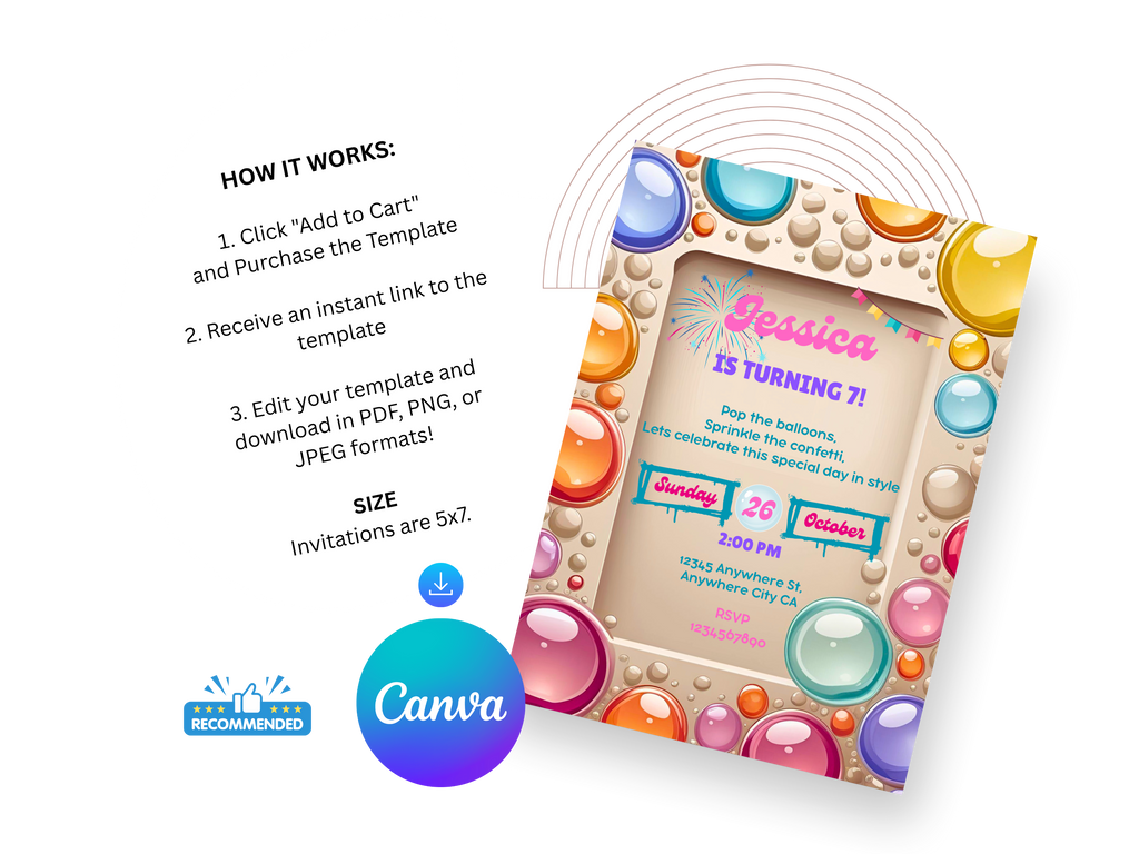 Colorful birthday invitation template with Canva branding on a white background