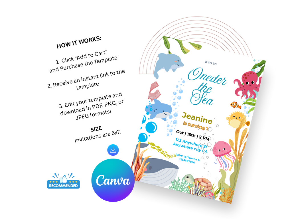 Underwater-themed invitation card with Canva logo on a white background