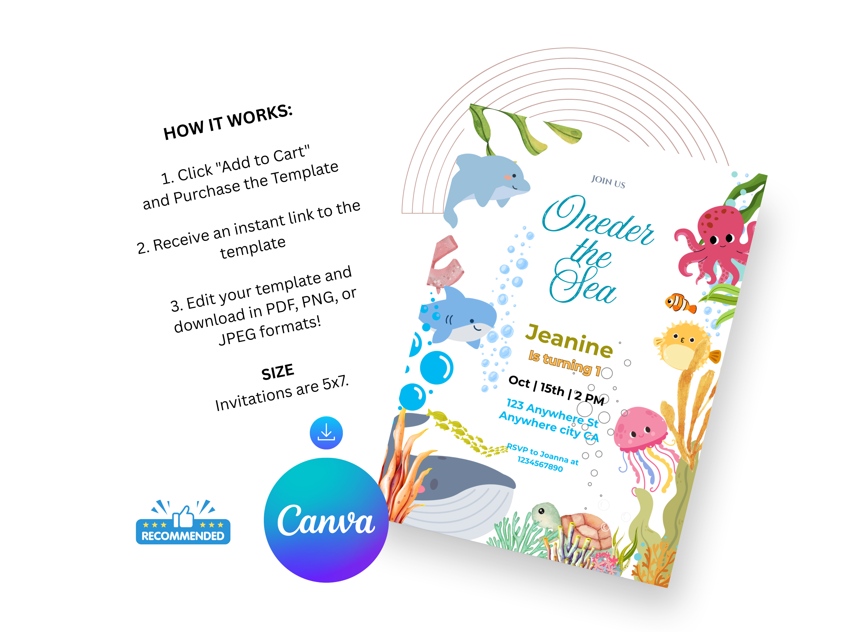Underwater-themed invitation card with Canva logo on a white background