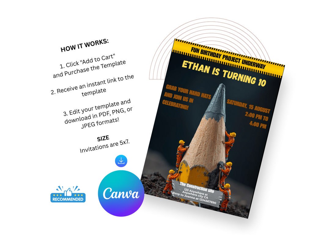 Invitation card with pencil and small figures, featuring Canva logo.