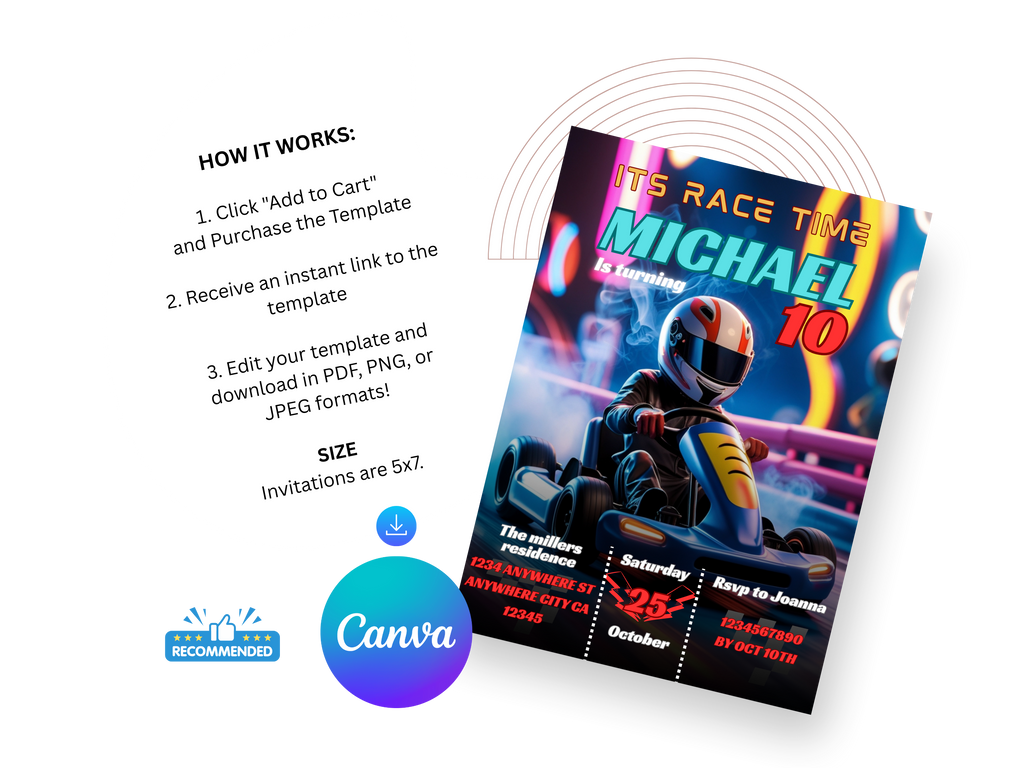 Invitation card with race car theme and Canva branding