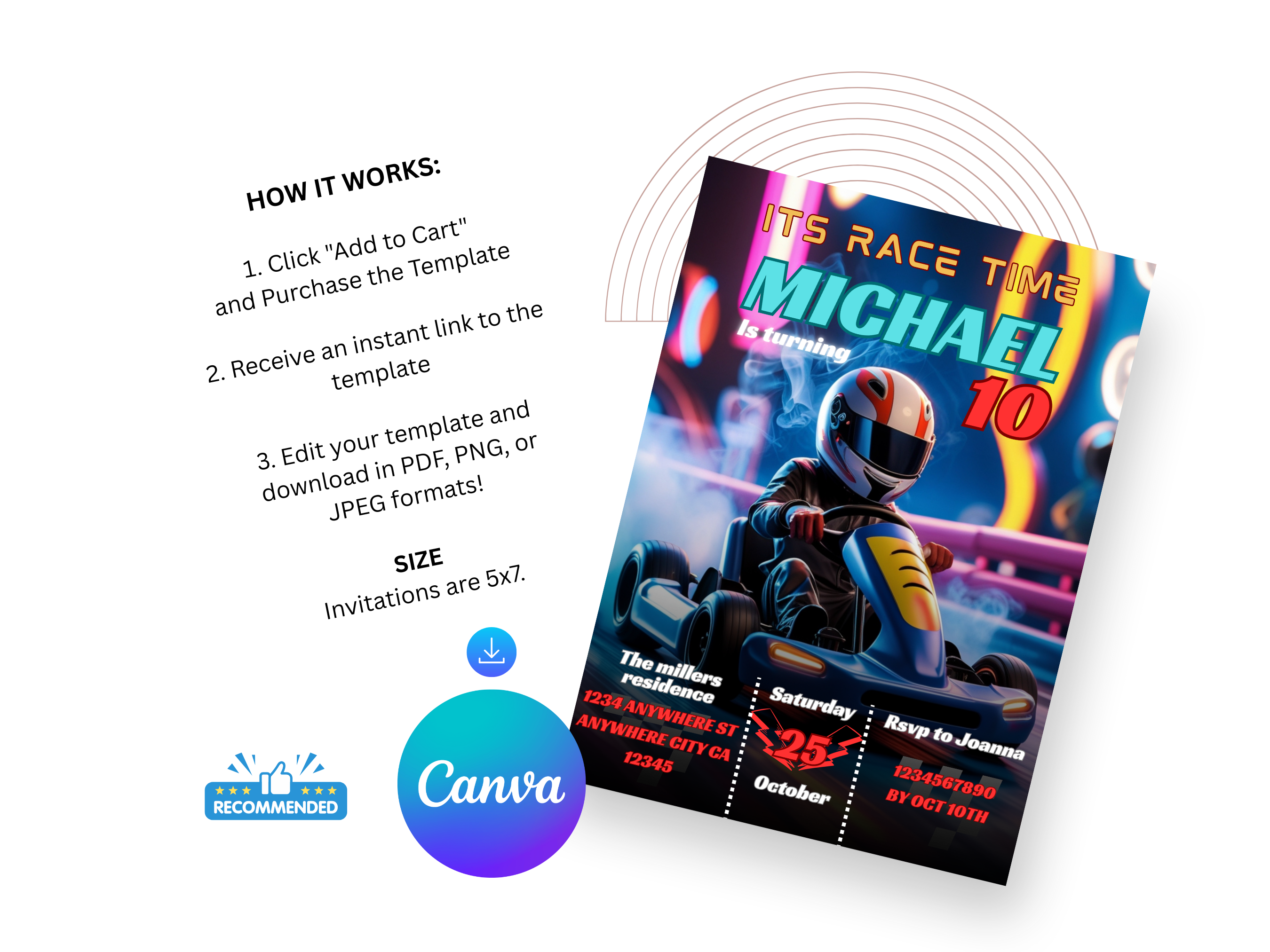 Invitation card with race car theme and Canva branding