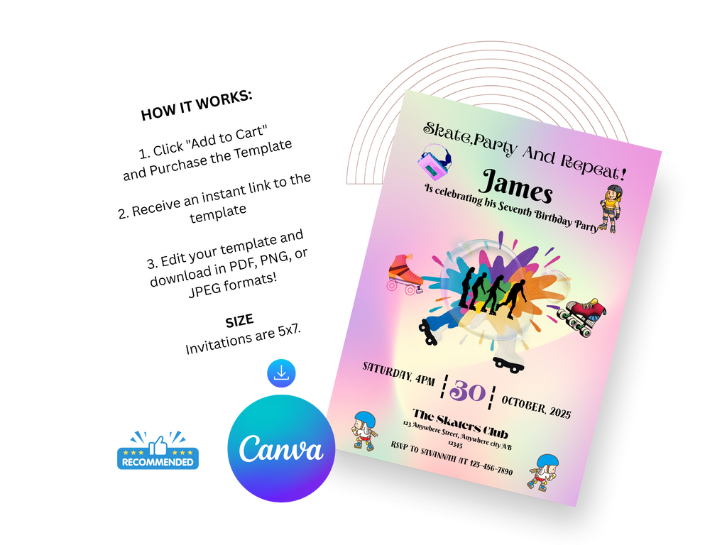 Roller Skating Birthday Invitation – Editable Canva Template for Girls – Printable Skating Party Invite – Instant Download