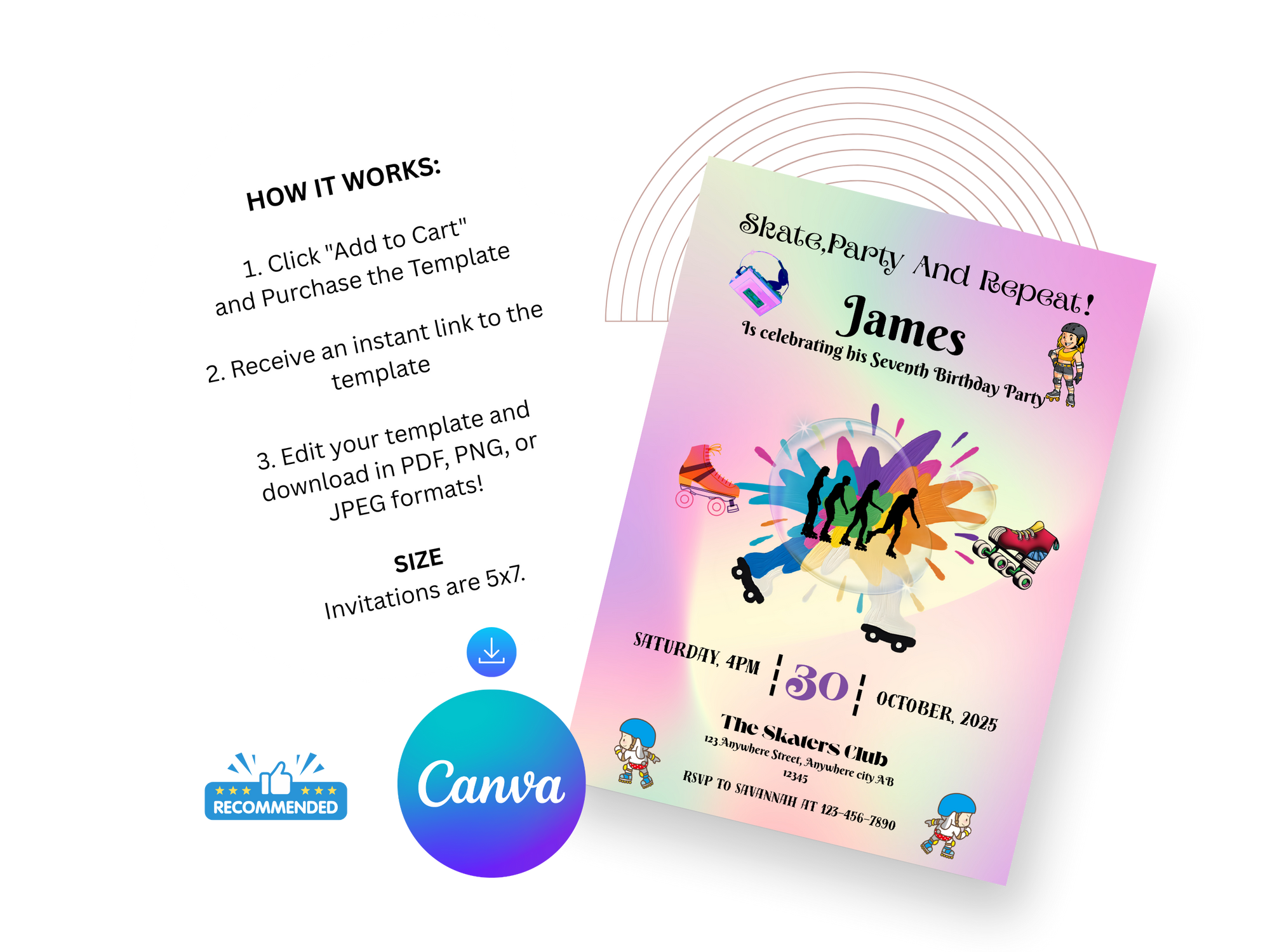 Roller Skating Birthday Invitation – Editable Canva Template for Girls – Printable Skating Party Invite – Instant Download