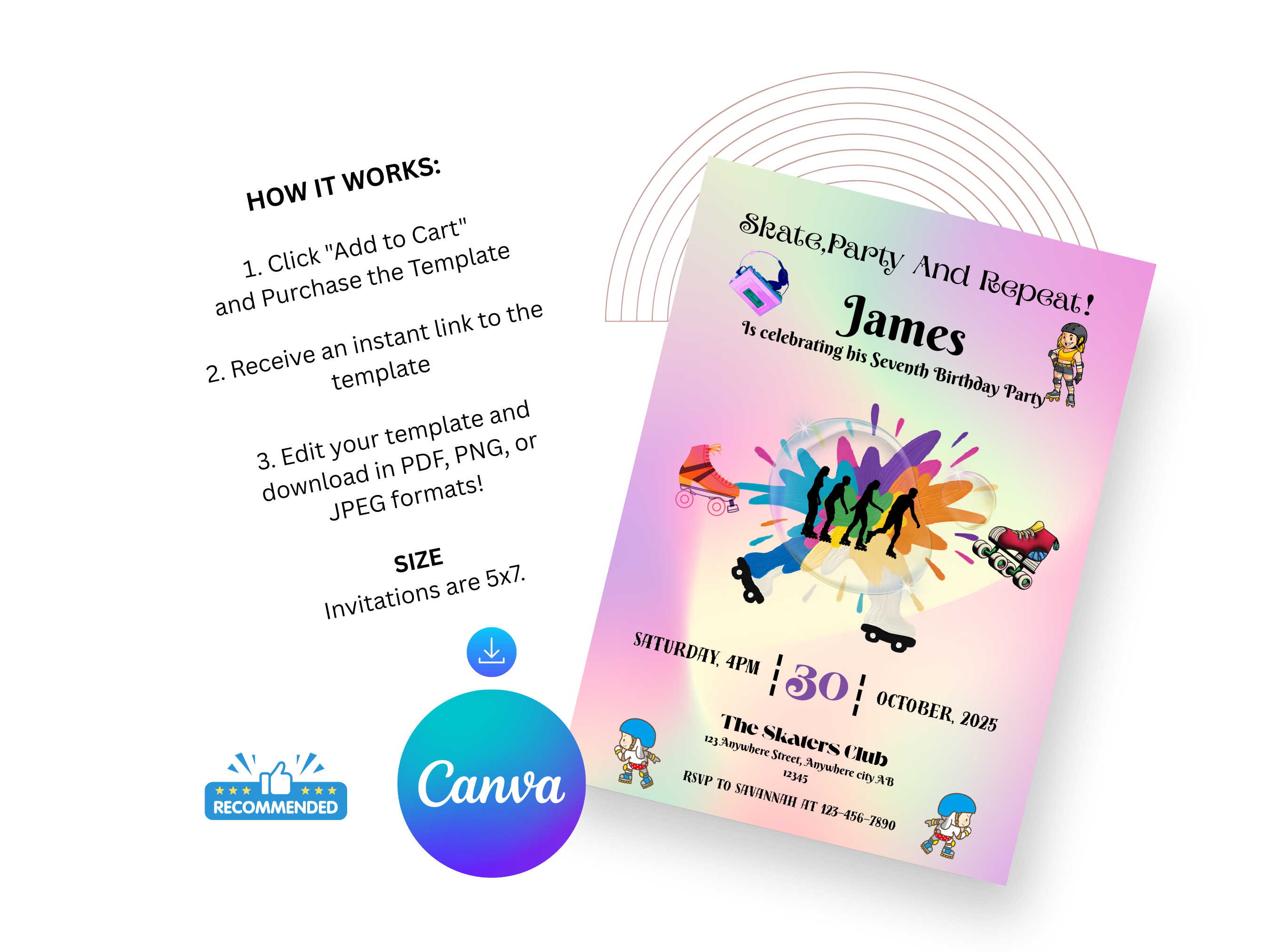 Roller Skating Birthday Invitation – Editable Canva Template for Girls – Printable Skating Party Invite – Instant Download