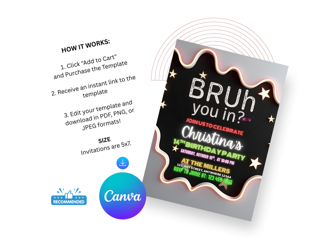 Birthday party invitation template with text and Canva logo on a white background
