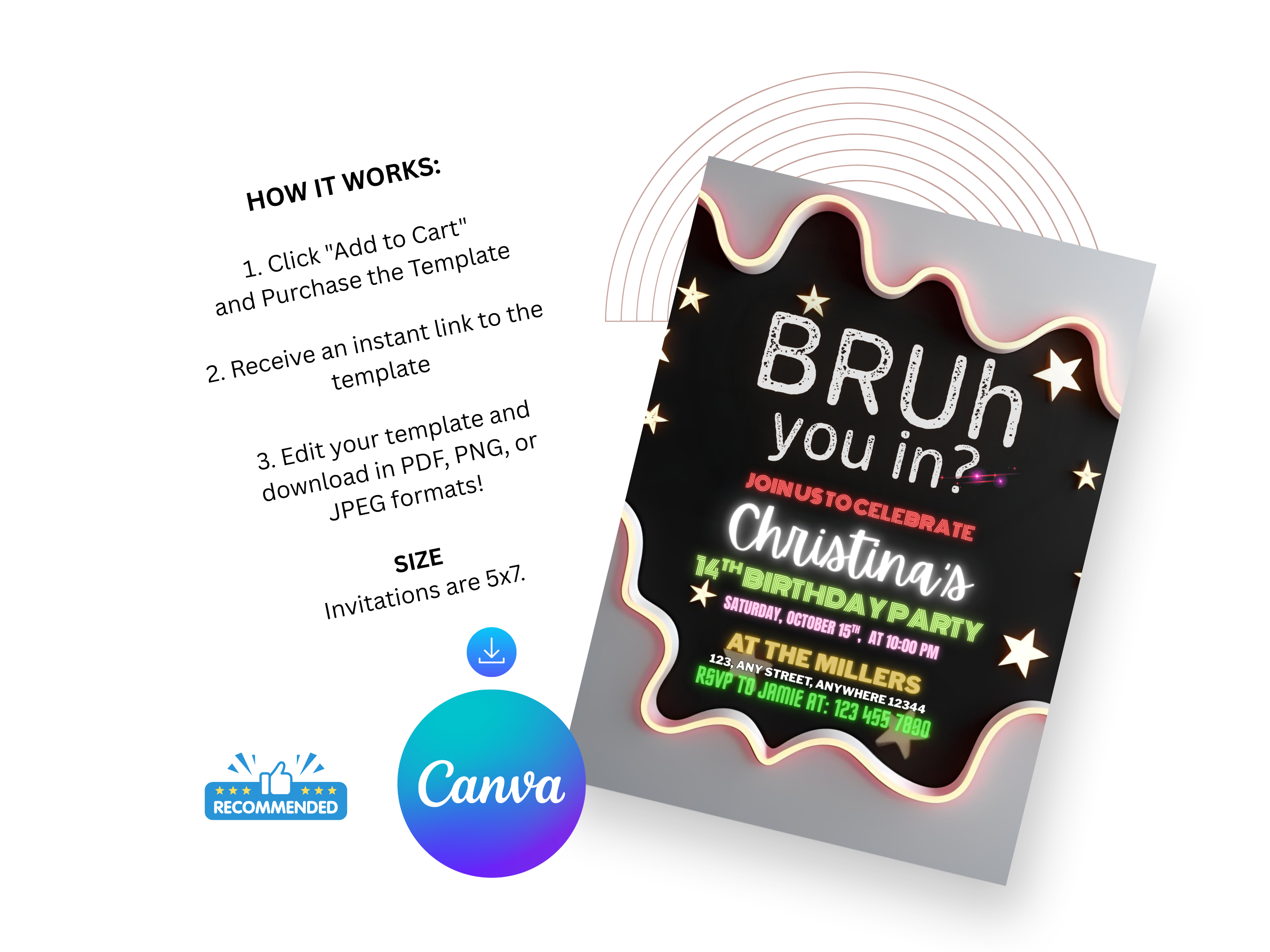 Birthday party invitation template with text and Canva logo on a white background