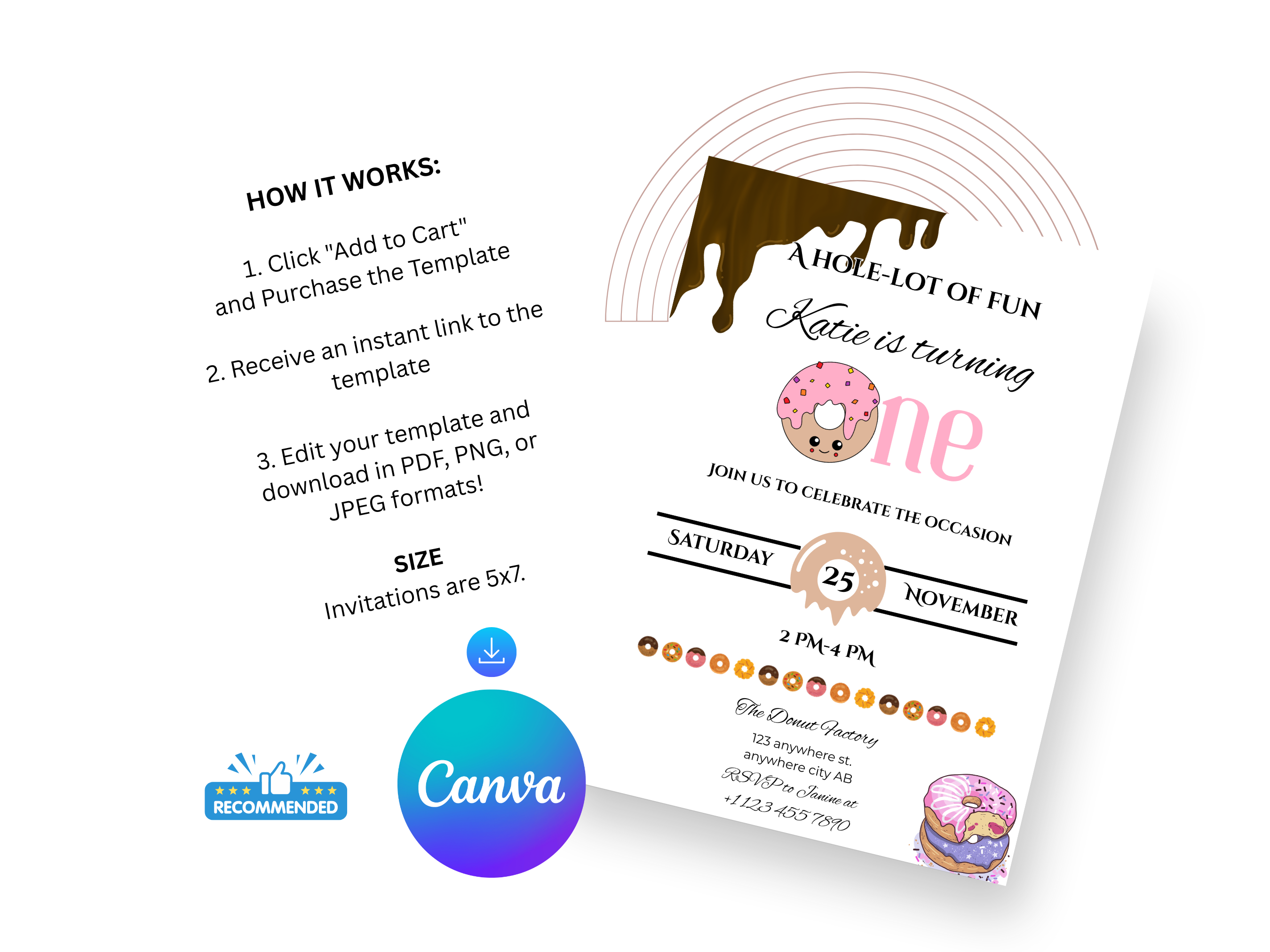 Invitation card with donut theme and Canva branding