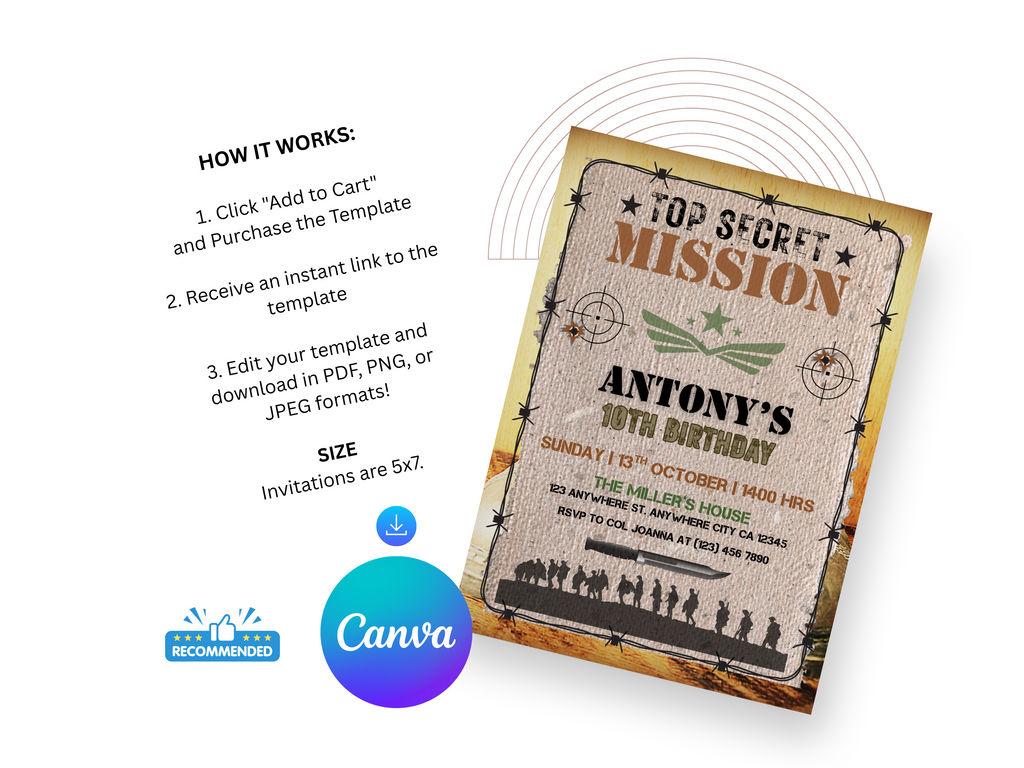 Birthday invitation card with text and graphics on a white background, featuring Canva logo.