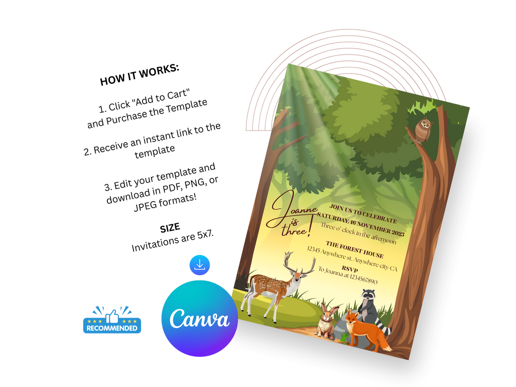 Invitation card with animals and trees, featuring Canva logo on a white background