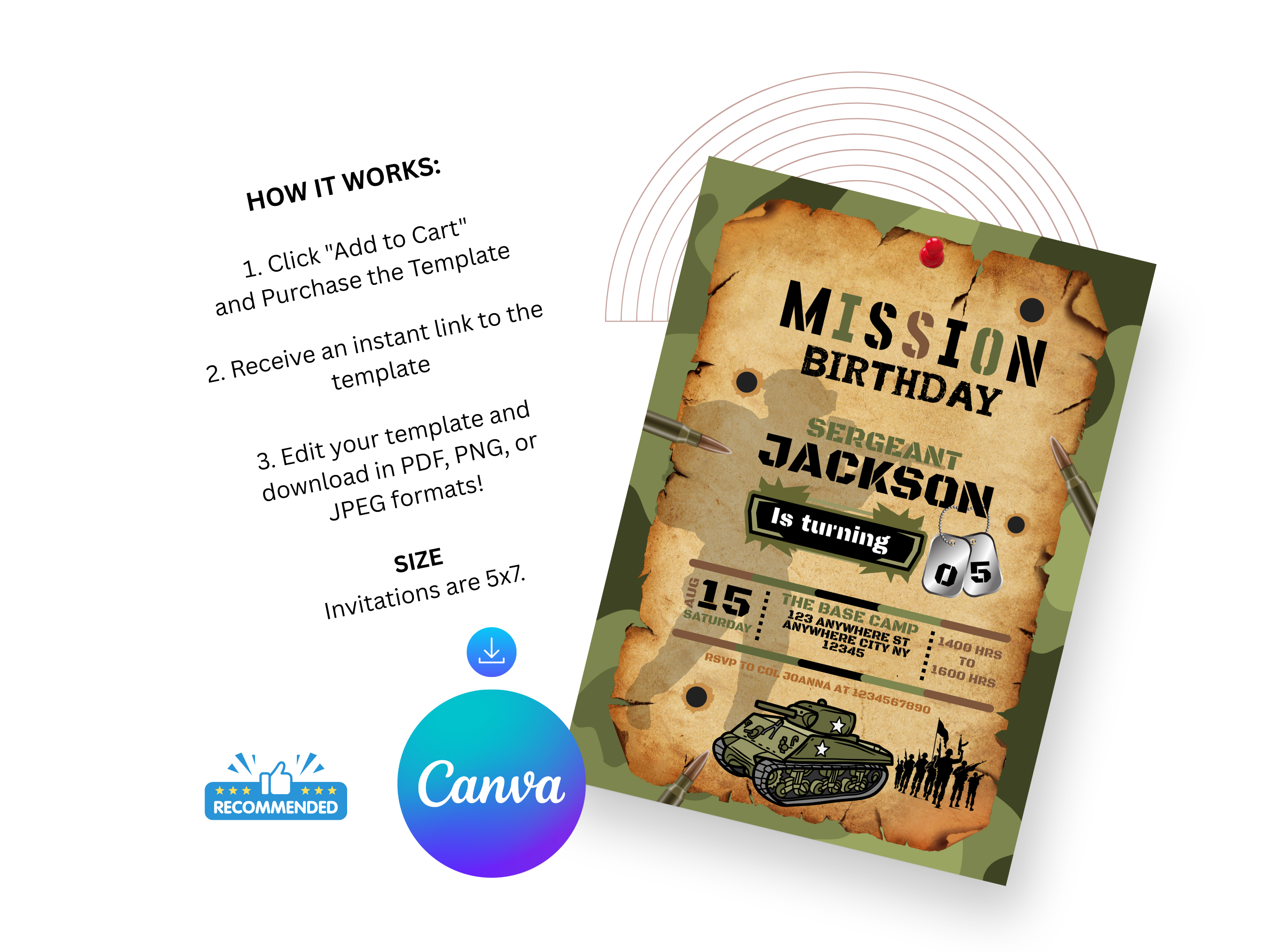 Birthday invitation card with military theme and Canva branding