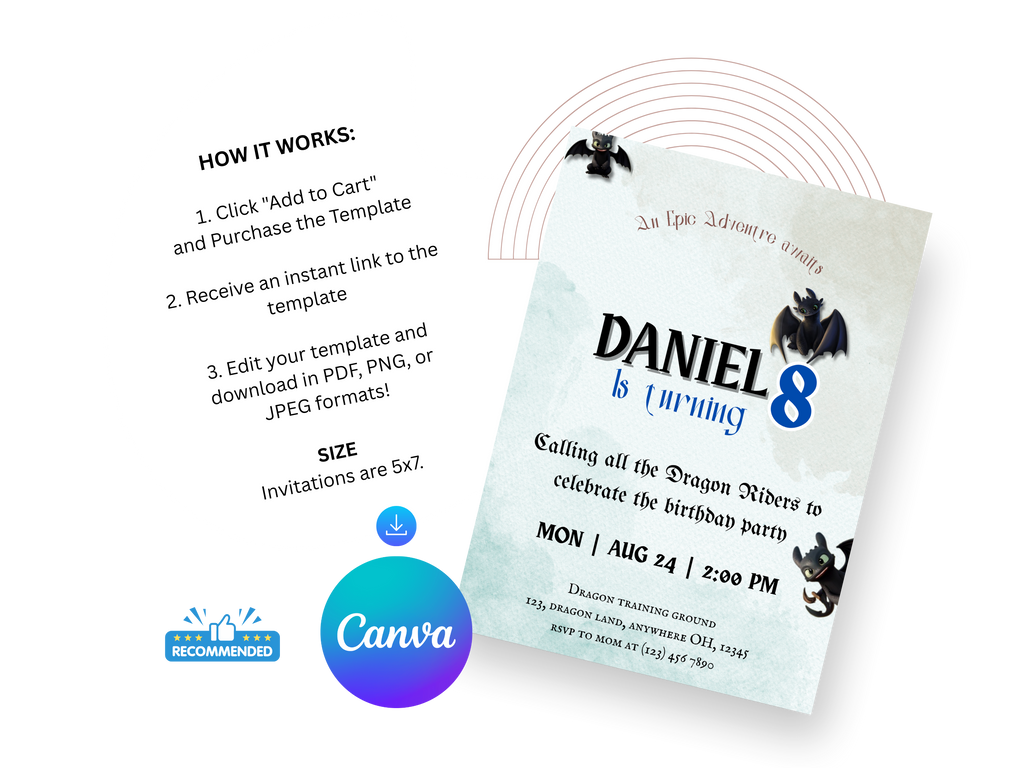 Birthday invitation card for Daniel turning 8 with dragons, featuring Canva branding.