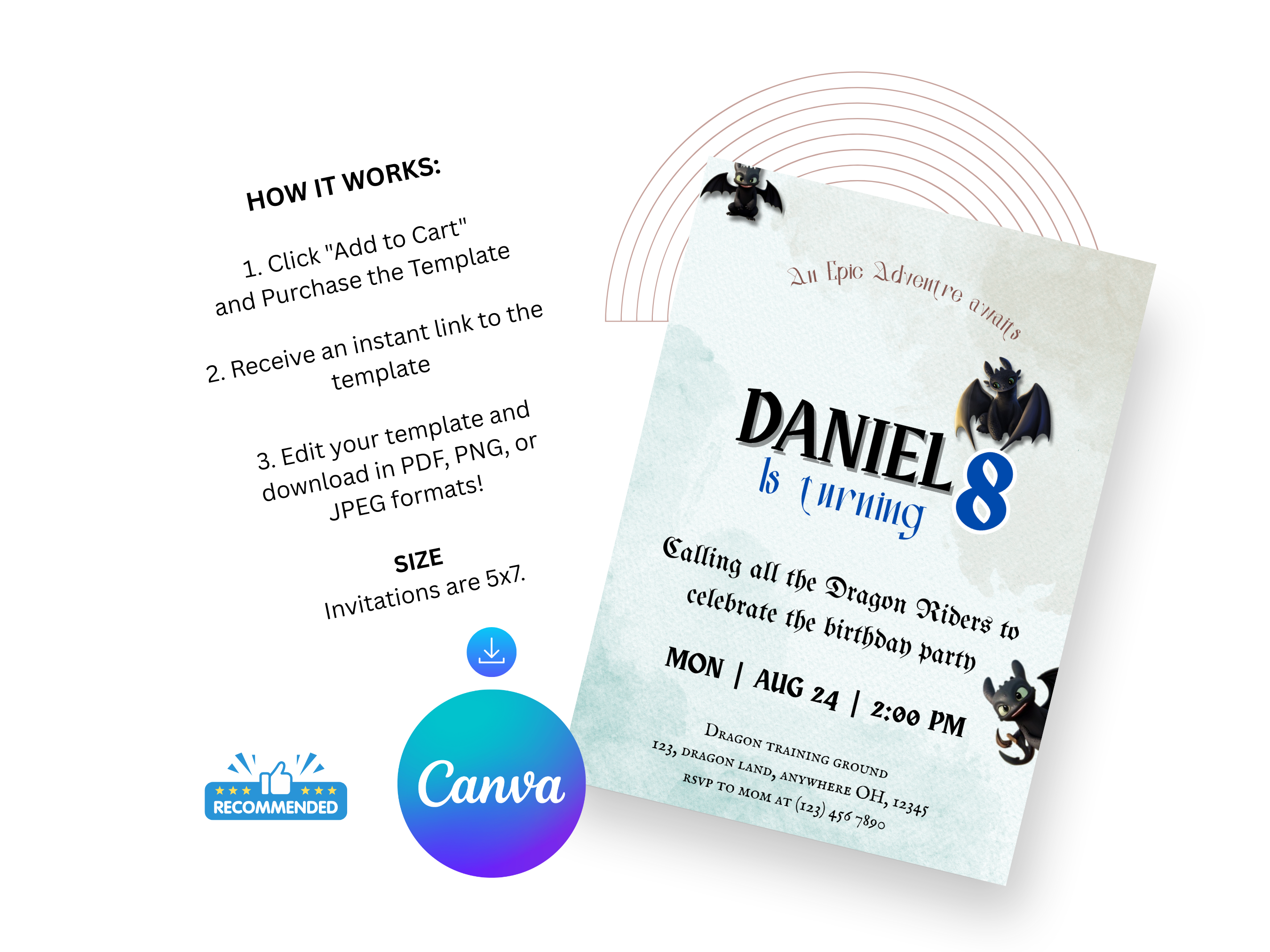 Birthday invitation card for Daniel turning 8 with dragons, featuring Canva branding.