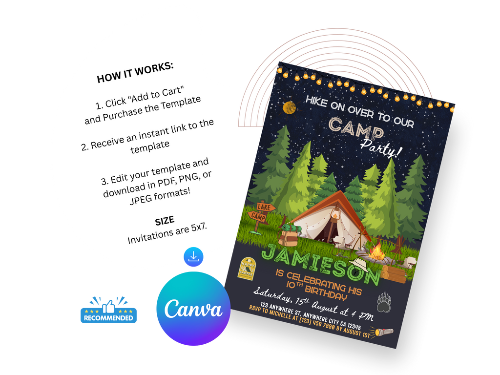 Camp-themed birthday party invitation with trees and tent design, featuring Canva branding.