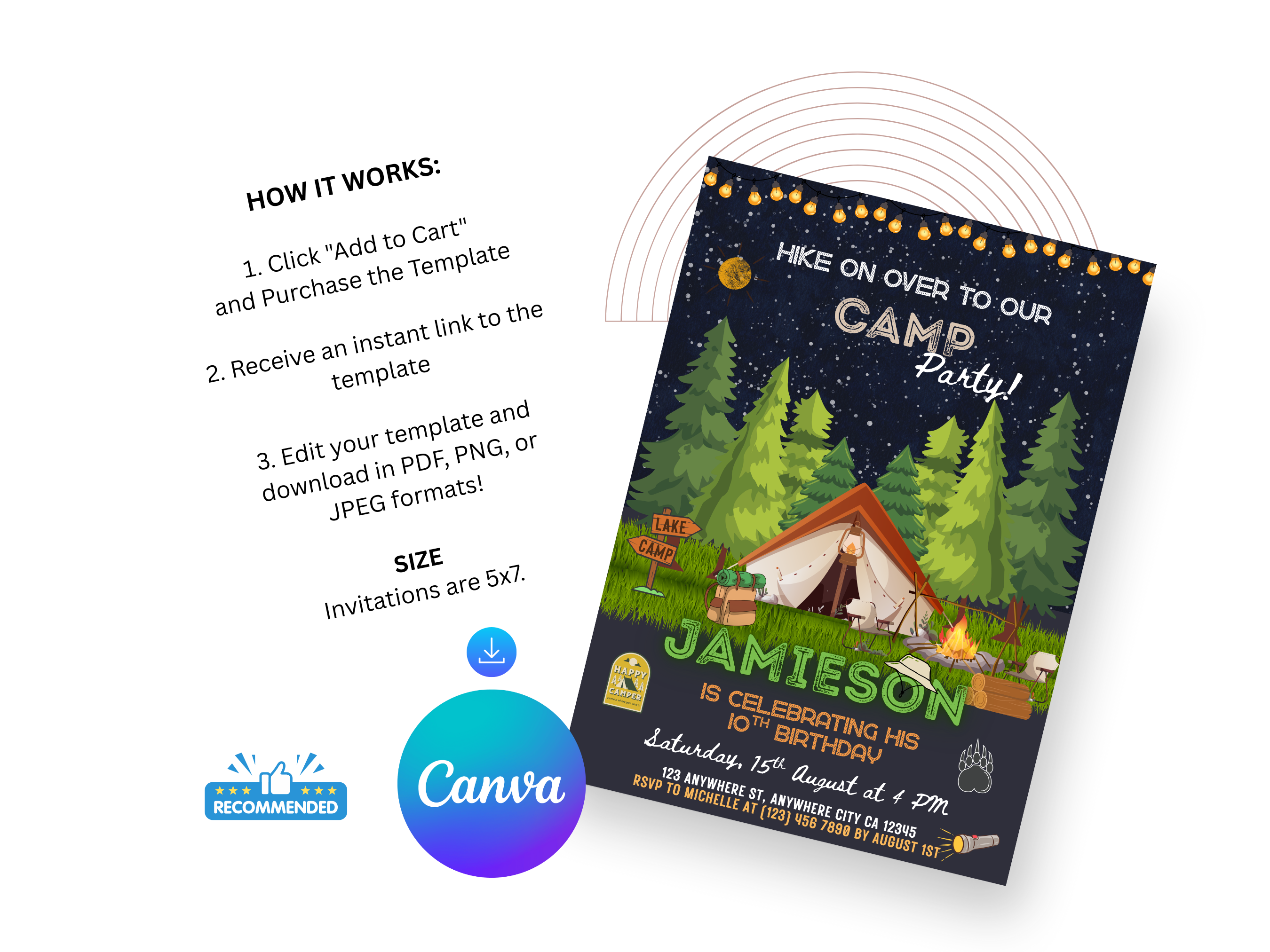 Camp-themed birthday party invitation with trees and tent design, featuring Canva branding.