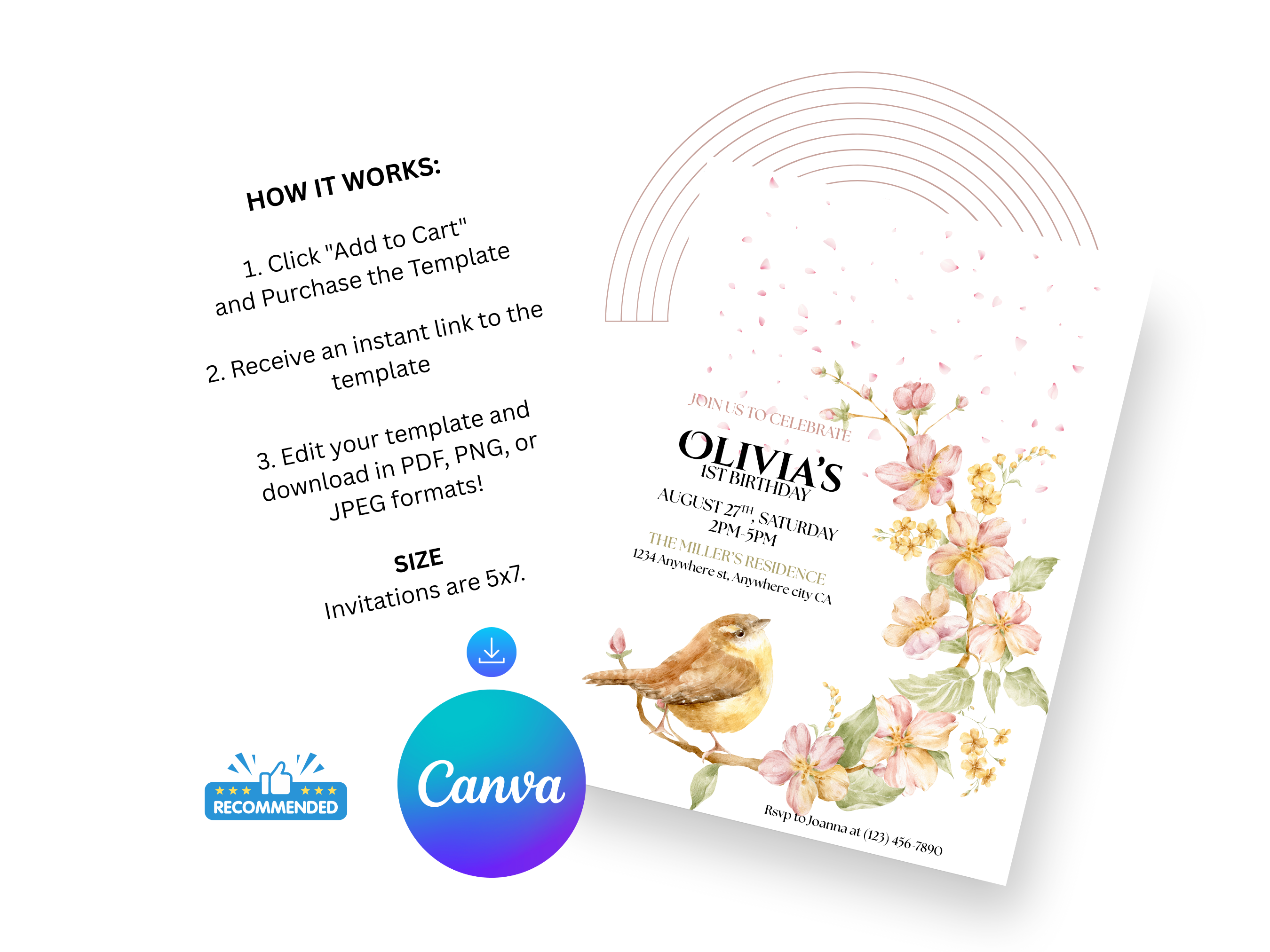 Canva birthday invitation template with bird and floral design on a white background