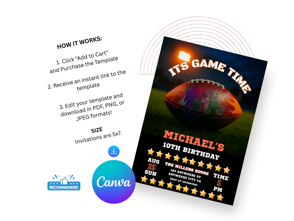 Birthday invitation card with football design and Canva branding