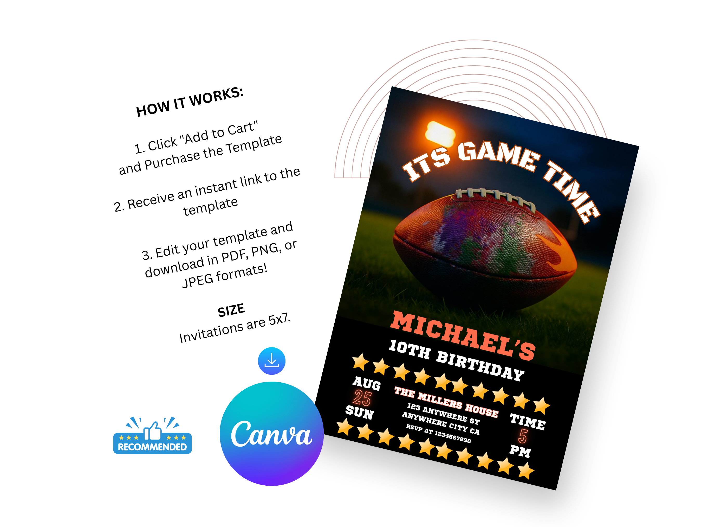 Birthday invitation card with football design and Canva branding
