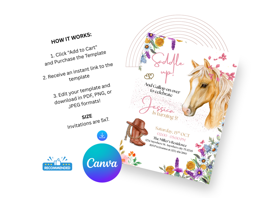 Horse-themed birthday invitation with Canva logo on a white background