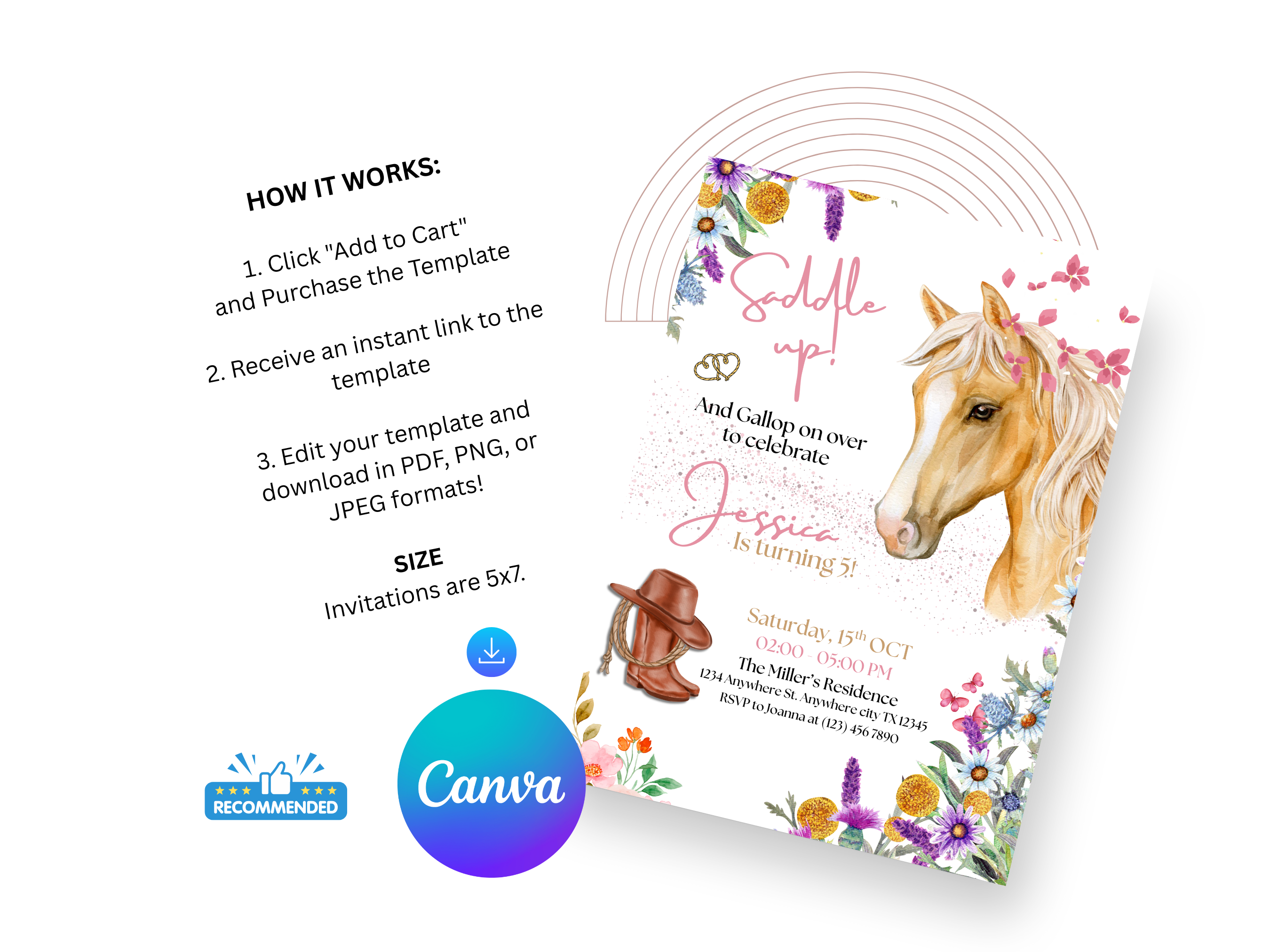 Horse-themed birthday invitation with Canva logo on a white background