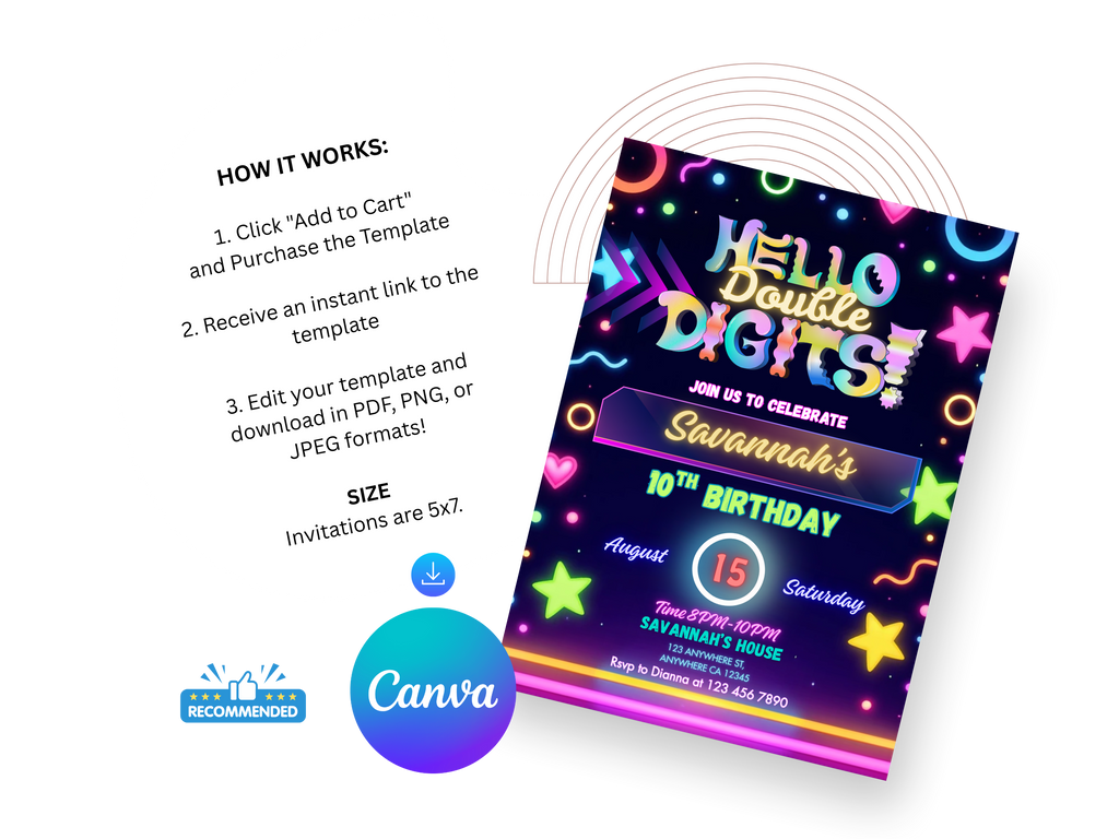 Neon-themed birthday invitation with Canva branding on a white background