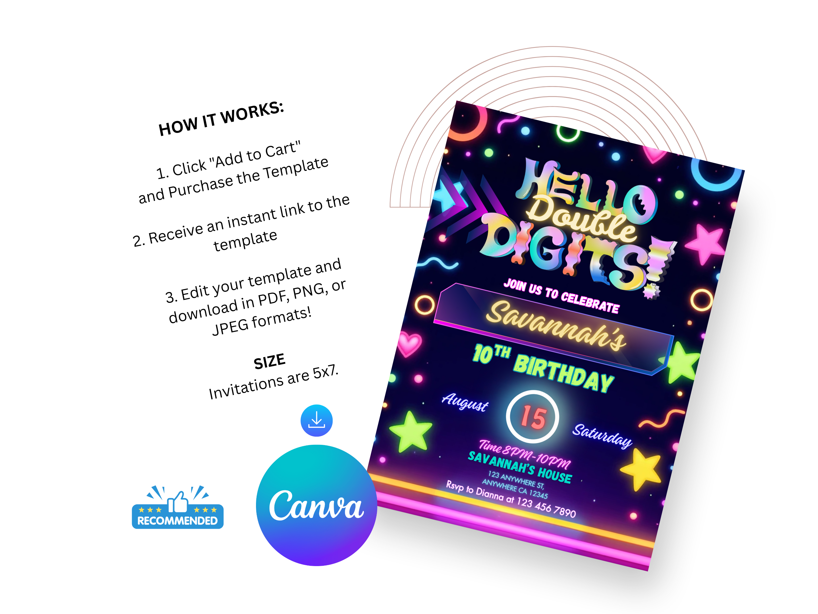 Neon-themed birthday invitation with Canva branding on a white background