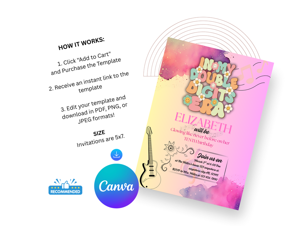 Invitation card with colorful design and text, featuring Canva logo.